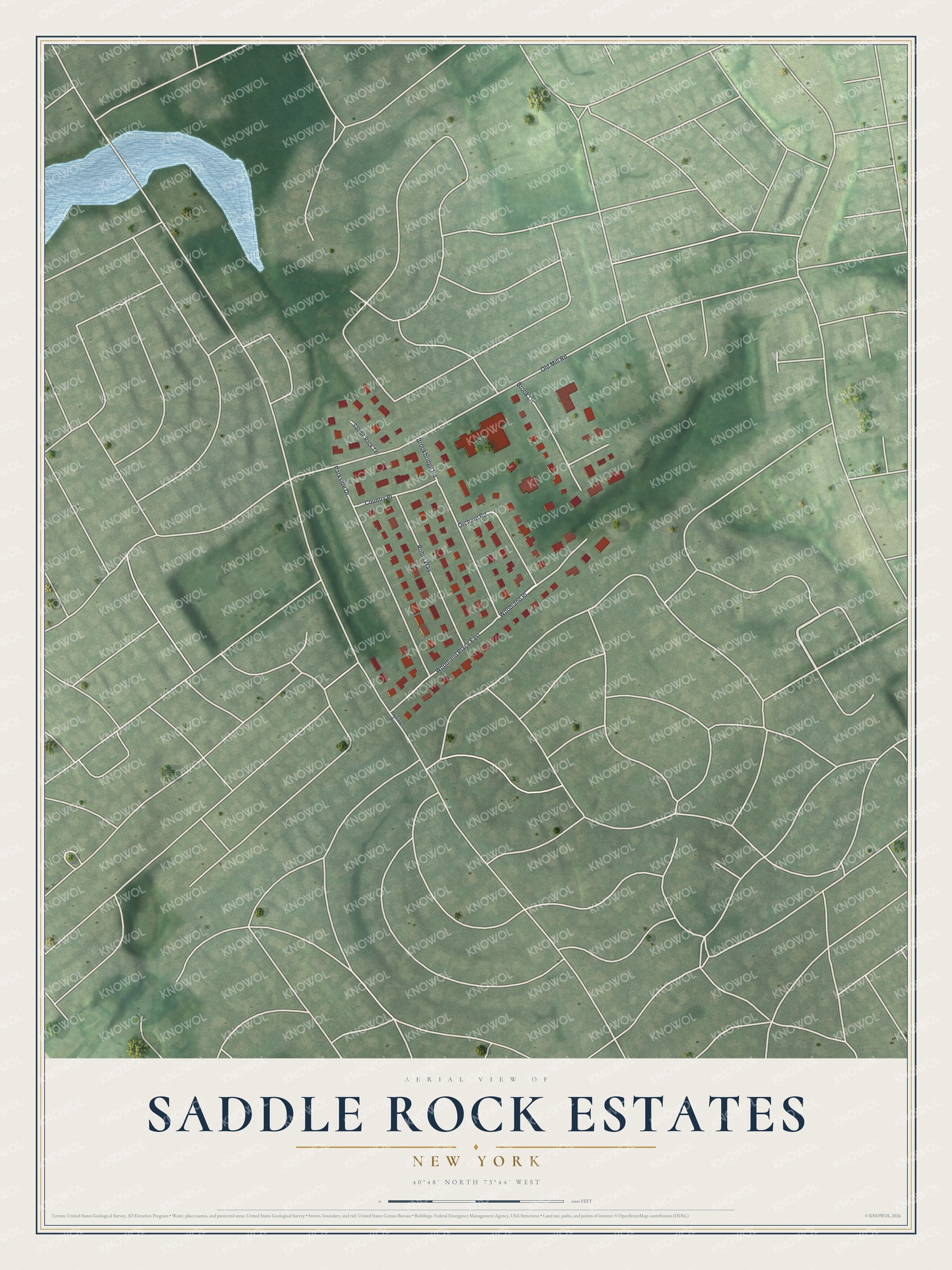 Full map of Saddle Rock Estates, New York, with red buildings, printed street names and the land around them