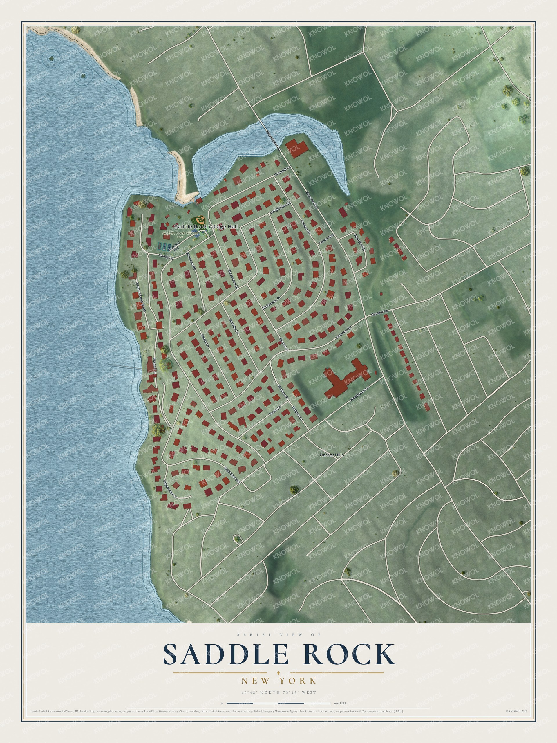 Full map of Saddle Rock, New York, with red buildings, printed street names and the land around them