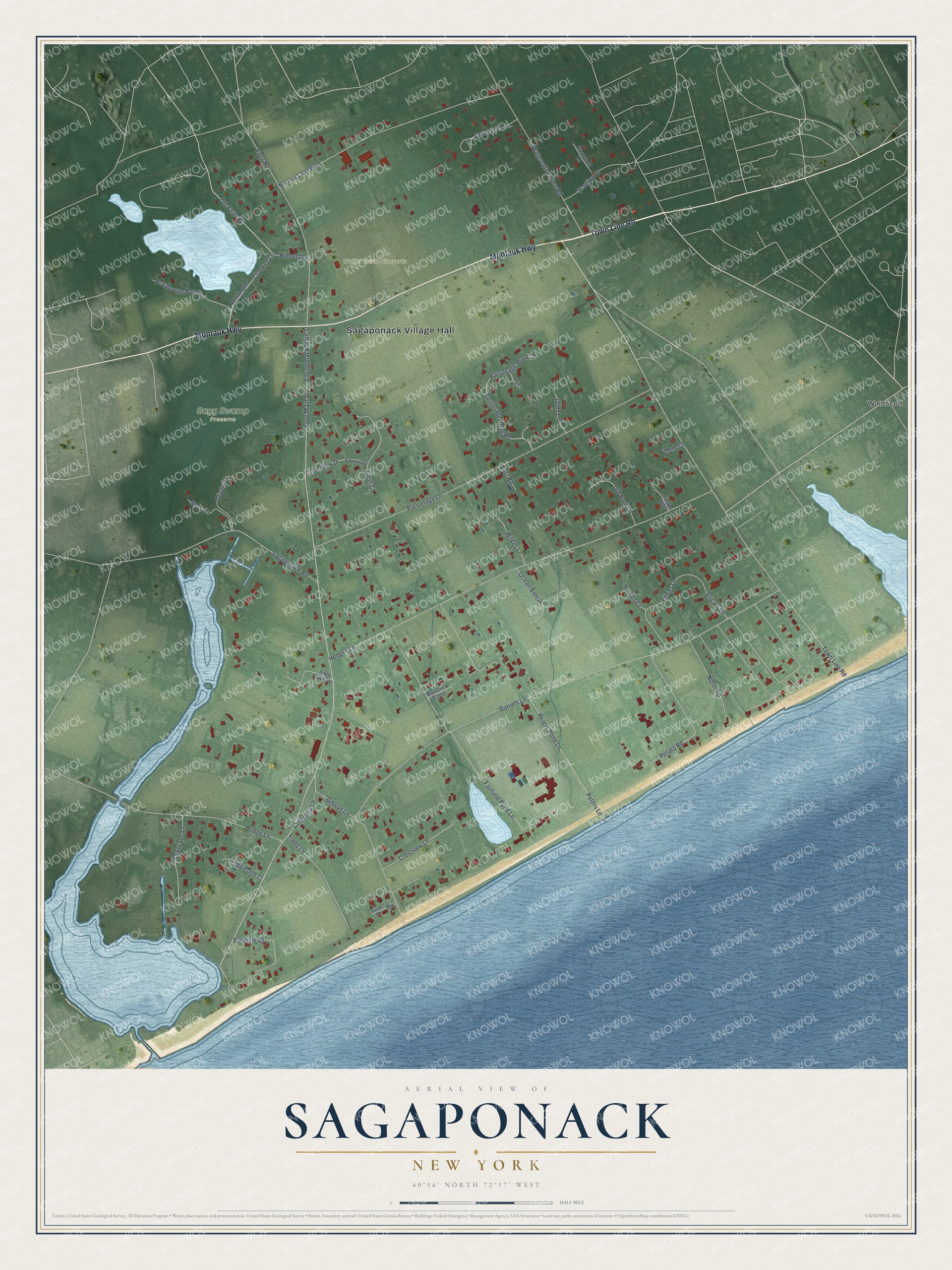Full map of Sagaponack, New York, with red buildings, printed street names and the land around them