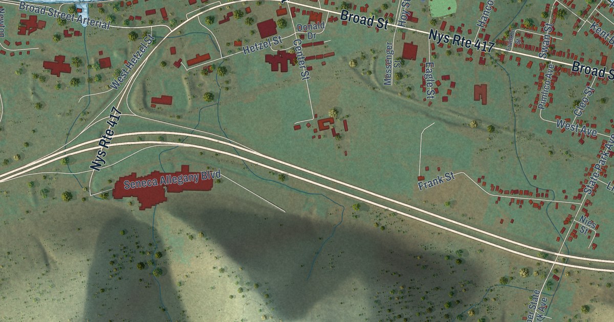 Close-up of streets and buildings in the City of Salamanca, Cattaraugus County, New York