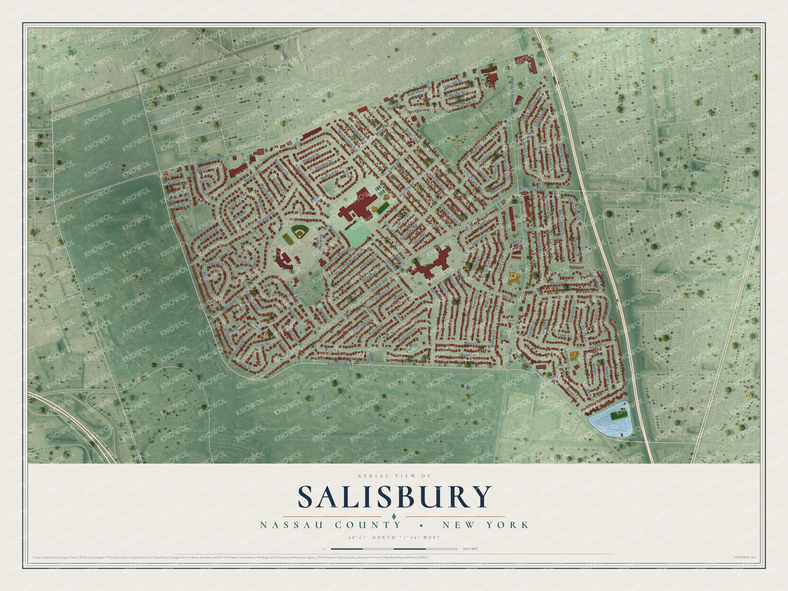 Detailed map of Salisbury, Nassau County, New York, showing streets and buildings