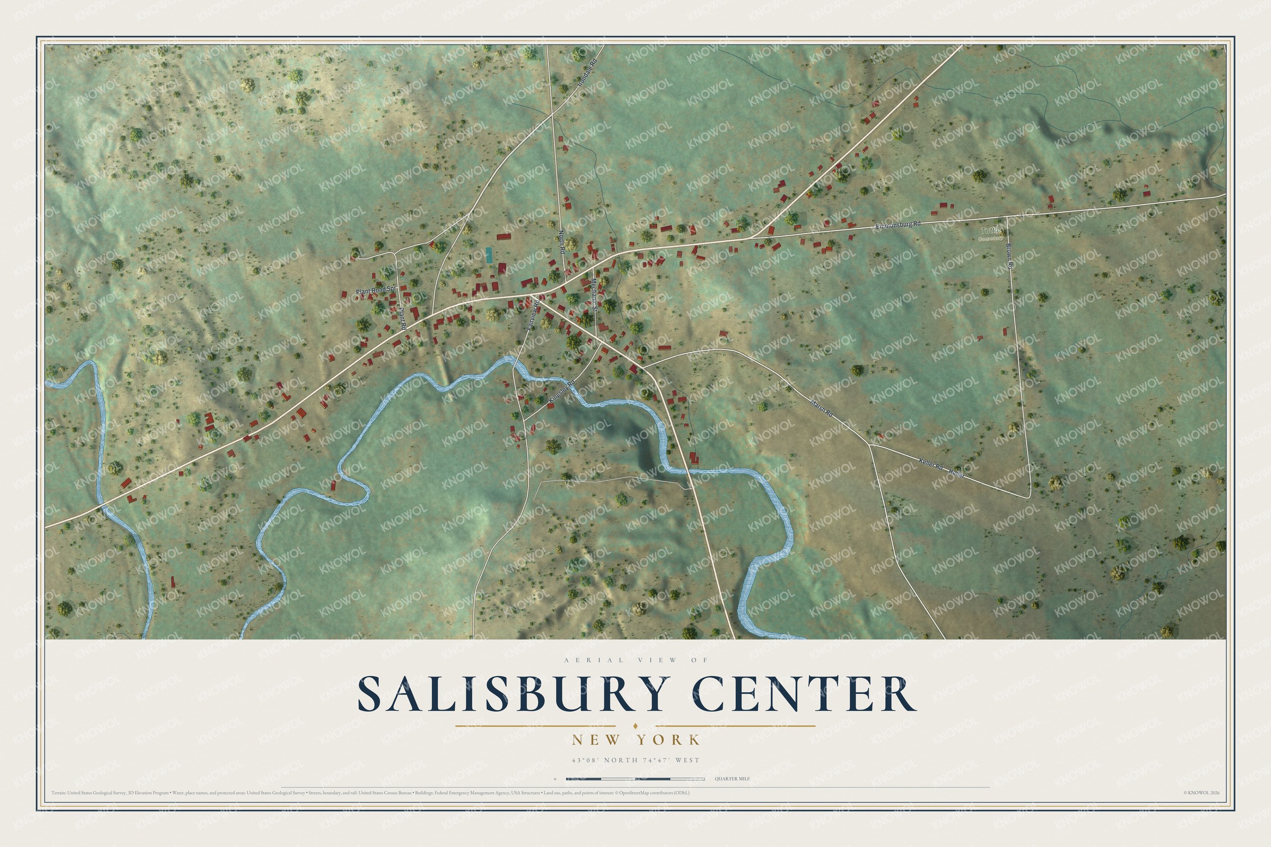 Full map of Salisbury Center, New York, with red buildings, printed street names and the land around them