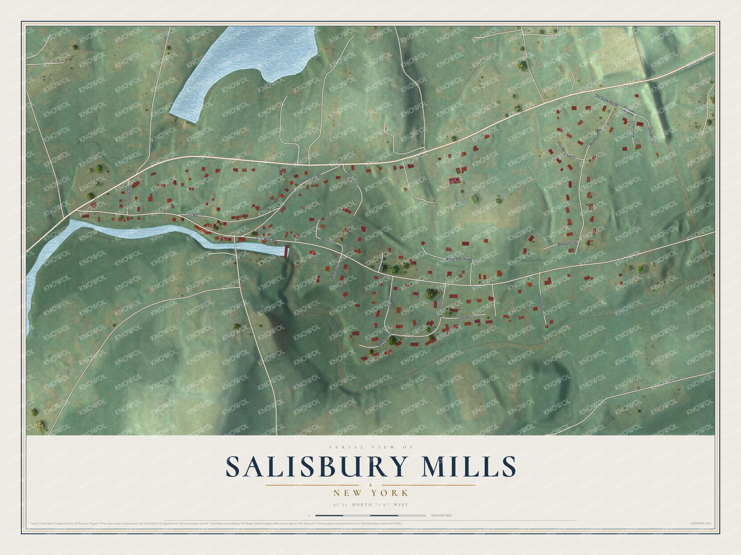 Full map of Salisbury Mills, New York, with red buildings, printed street names and the land around them
