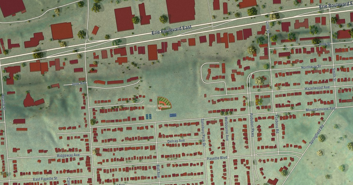 Close-up of streets and buildings in Salt Springs, New York