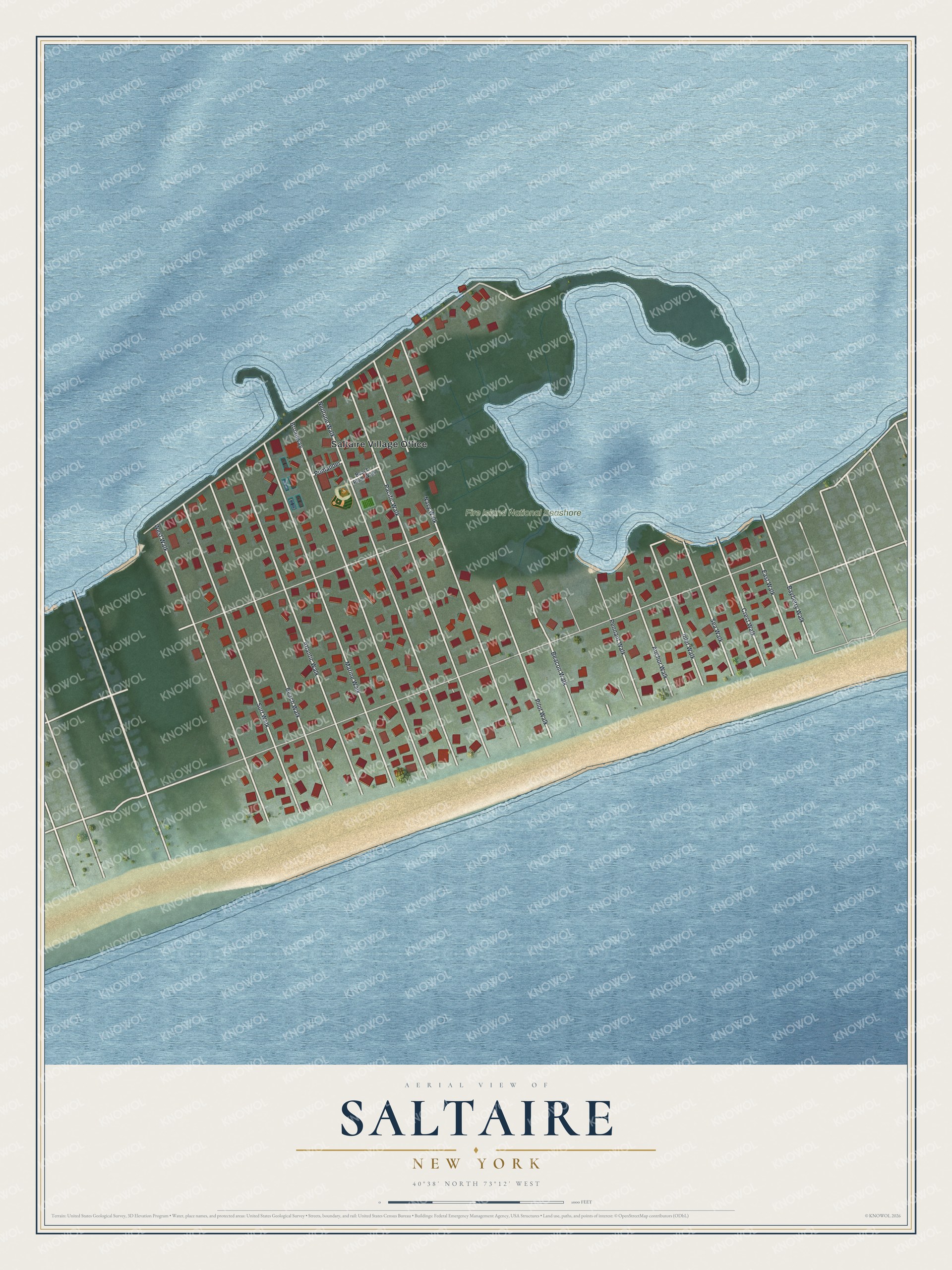 Full map of Saltaire, New York, with red buildings, printed street names and the land around them