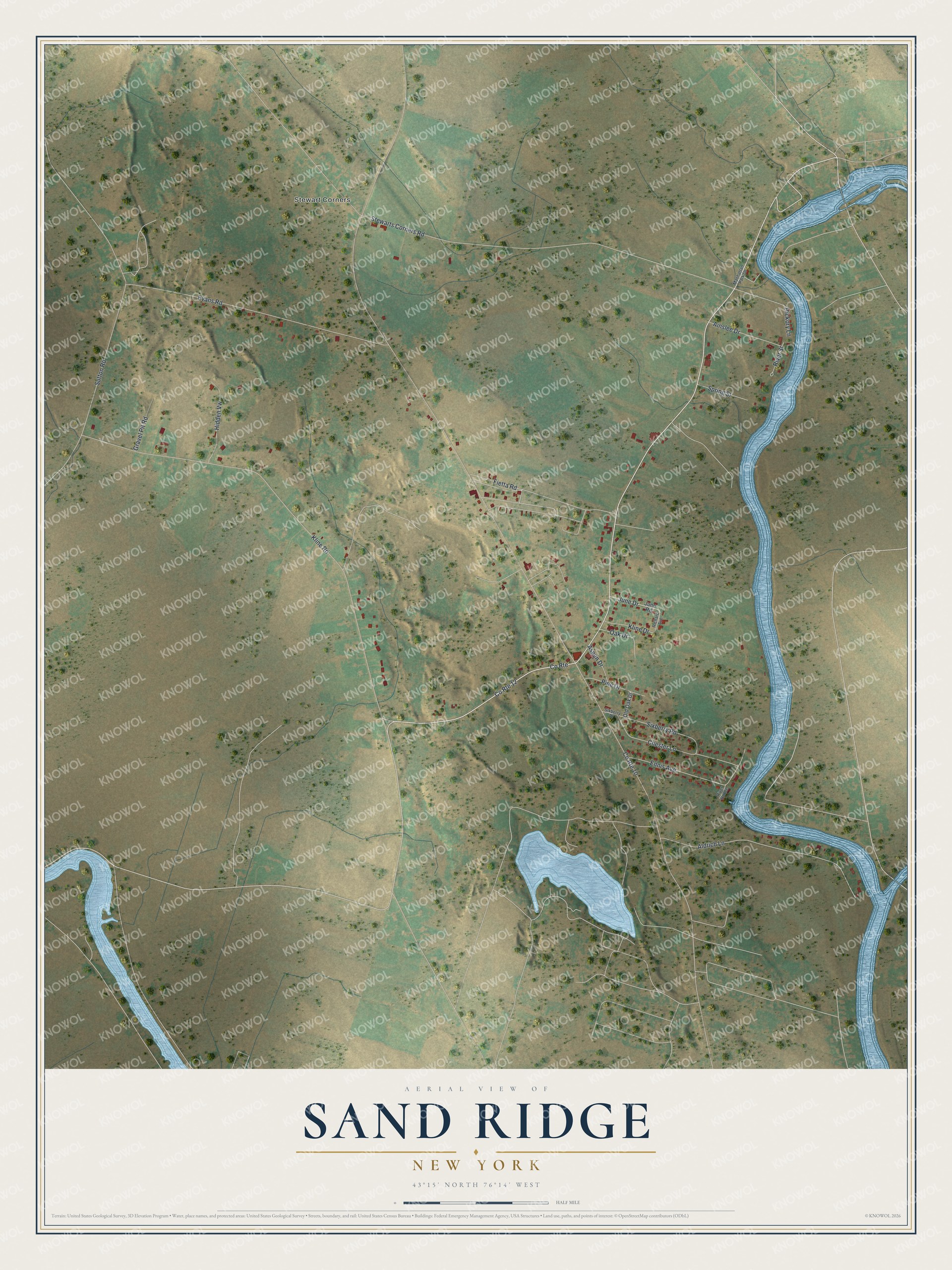 Full map of Sand Ridge, New York, with red buildings, printed street names and the land around them
