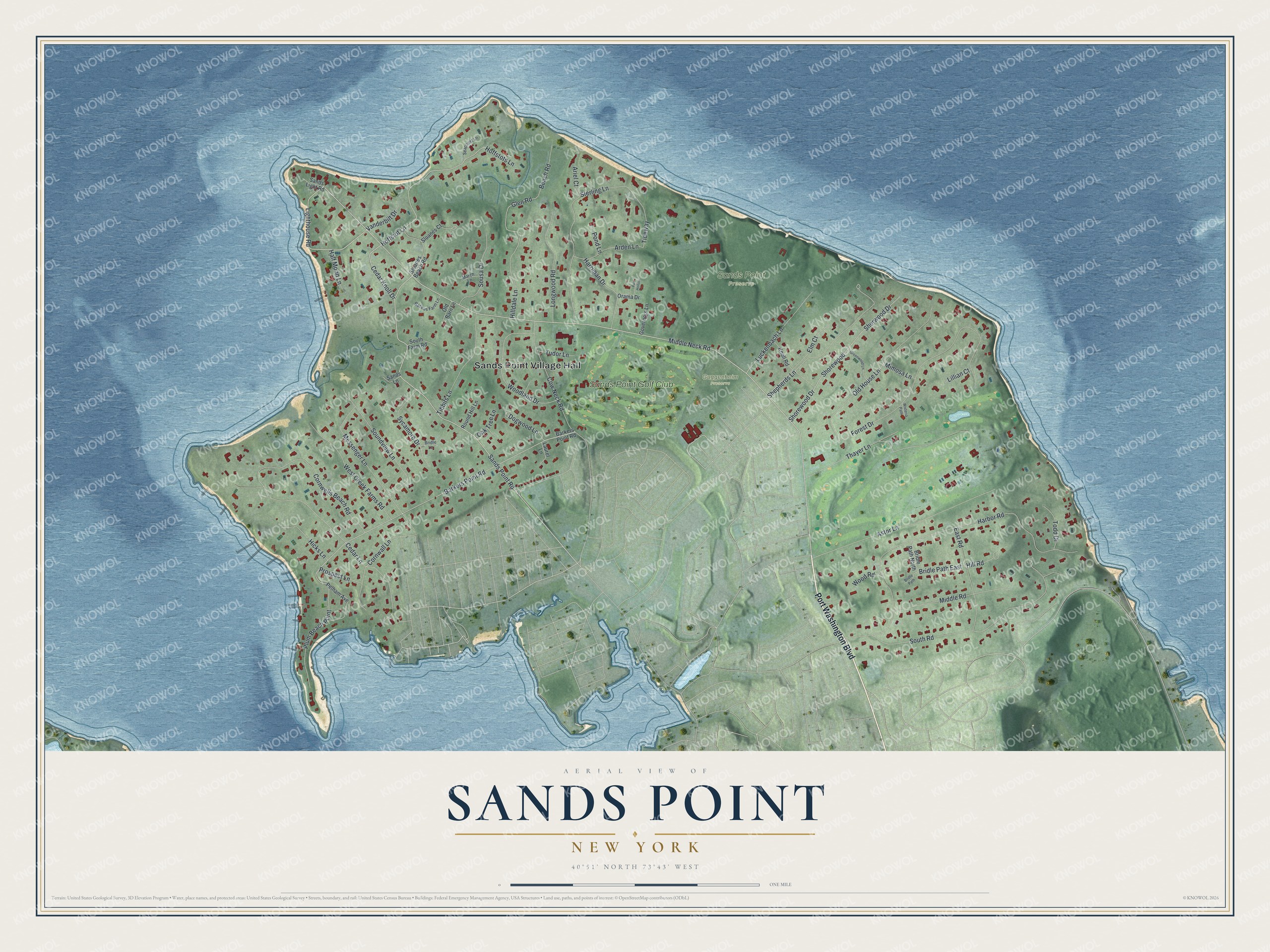 Full map of Sands Point, New York, with red buildings, printed street names and the land around them