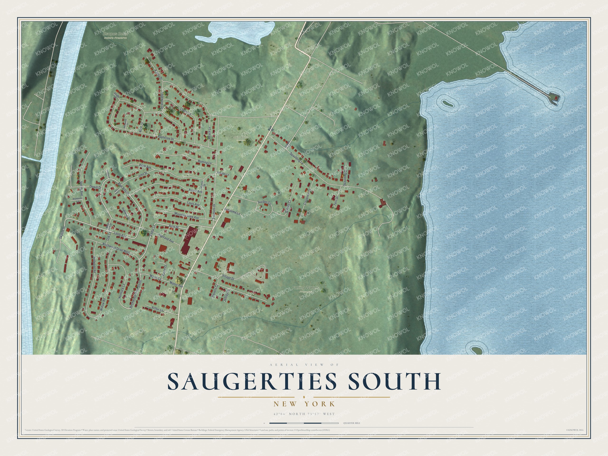 Full map of Saugerties South, New York, with red buildings, printed street names and the land around them