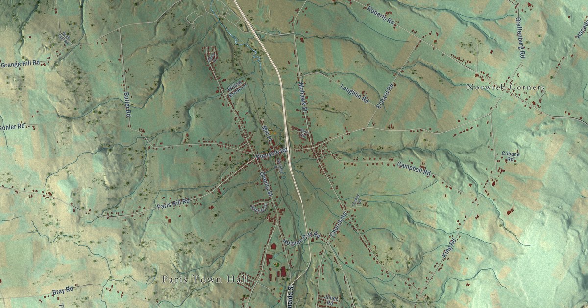 Close-up of streets and buildings in Sauquoit, New York