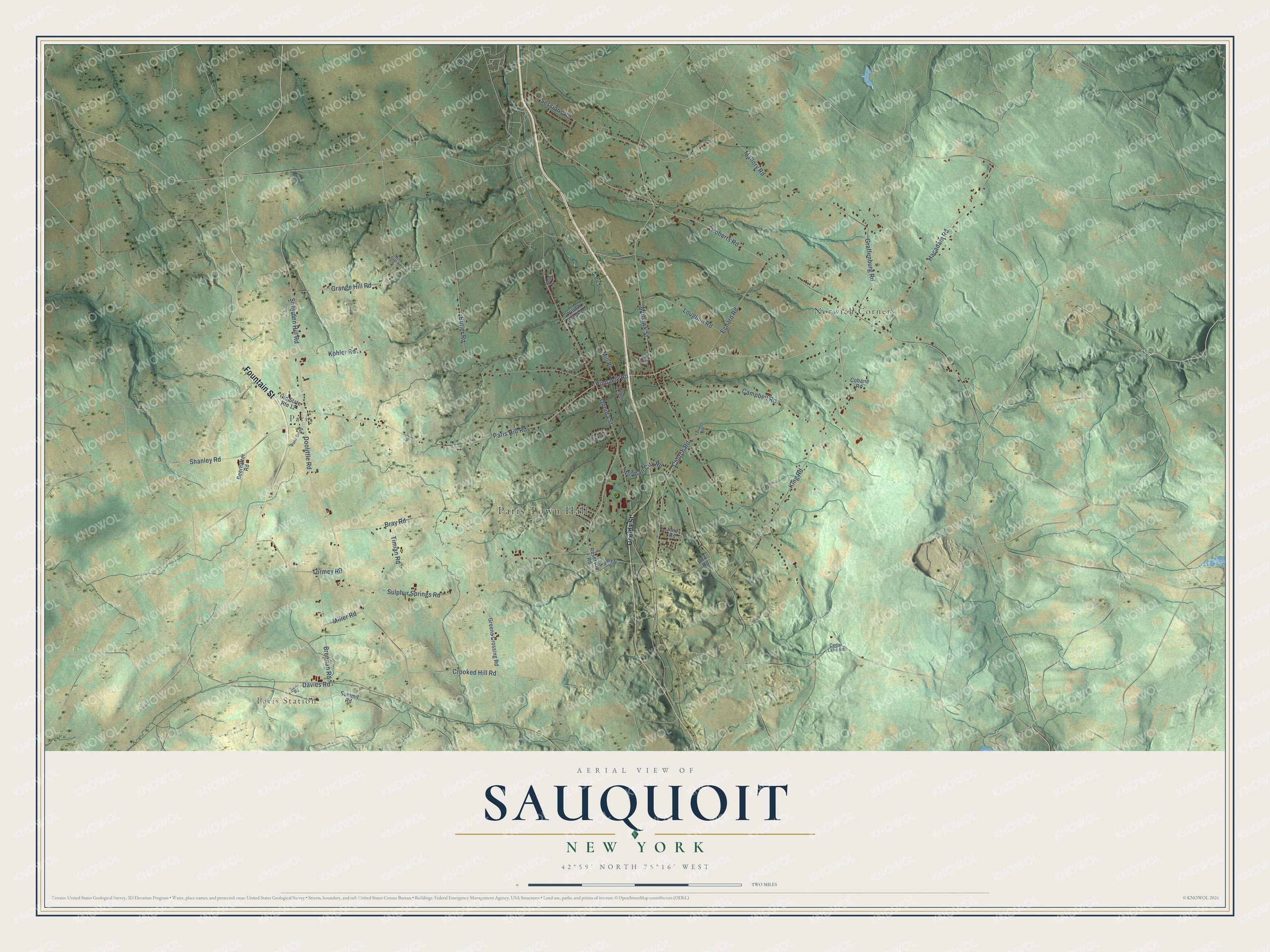 Full map of Sauquoit, New York, with red buildings, printed street names and the land around them