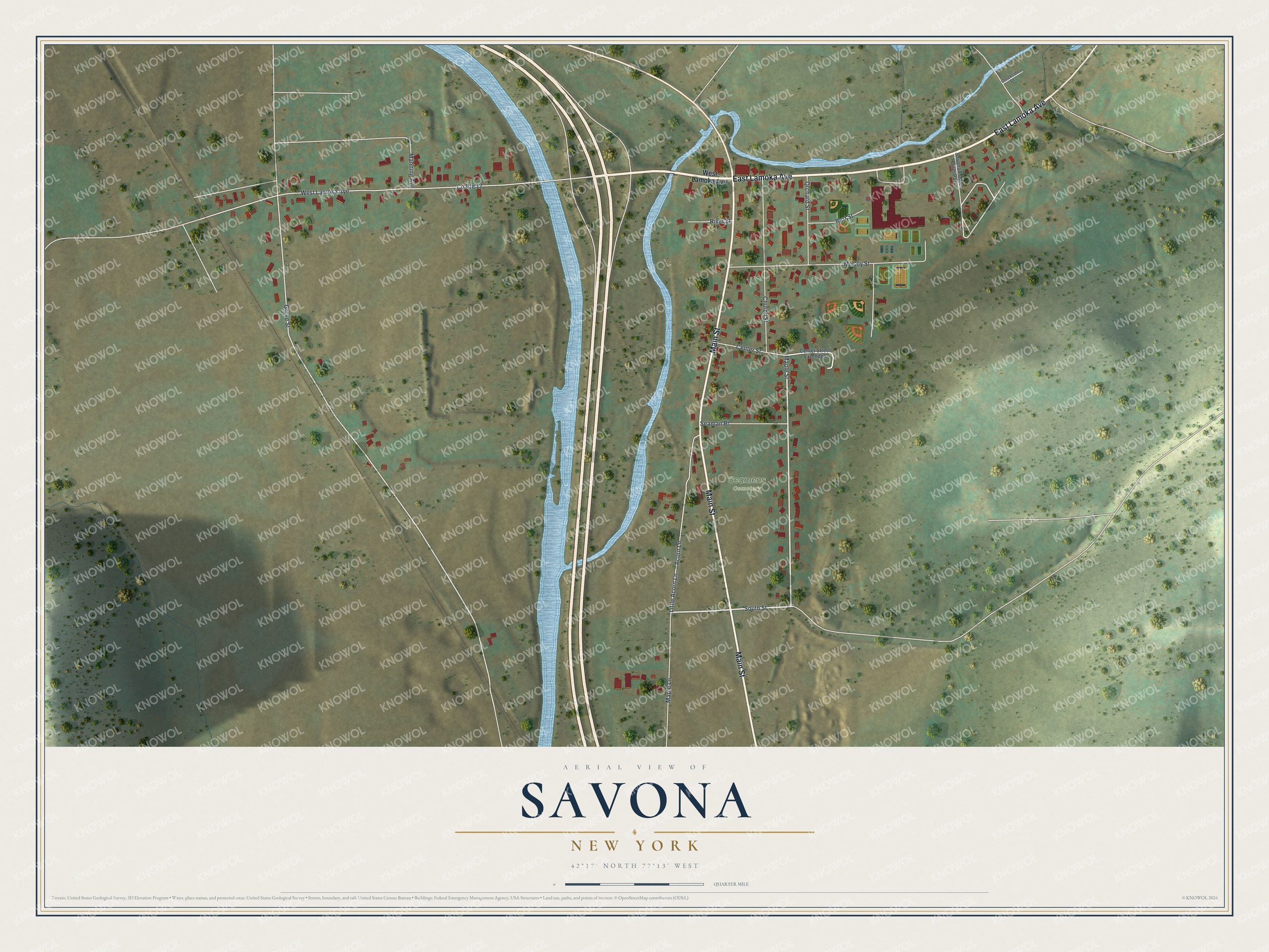 Full map of Savona, New York, with red buildings, printed street names and the land around them