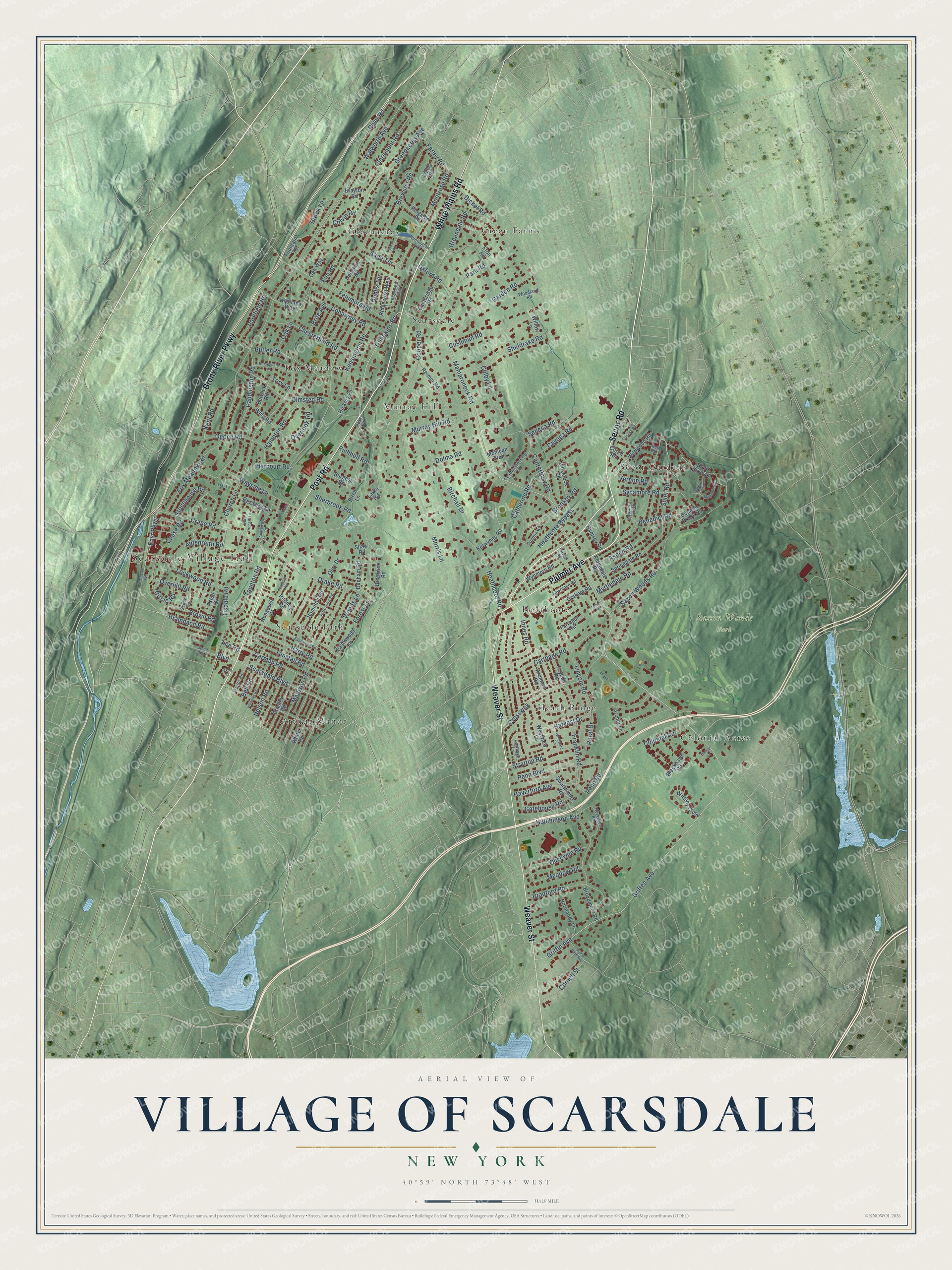Detailed map of the Village of Scarsdale, New York, showing streets, buildings, neighborhoods, and parks