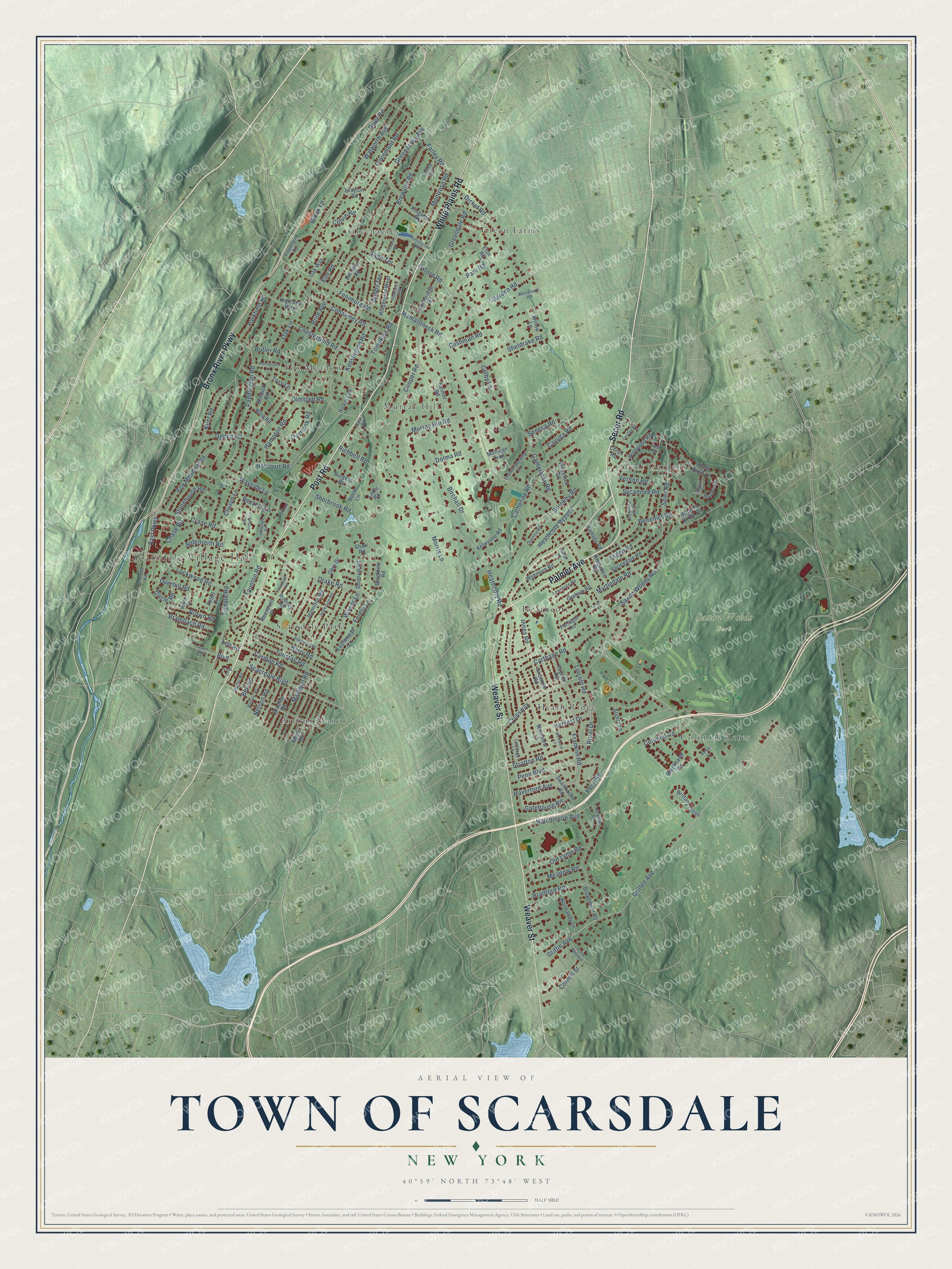 Detailed map of the Town of Scarsdale, New York, showing streets, buildings, neighborhoods, and parks