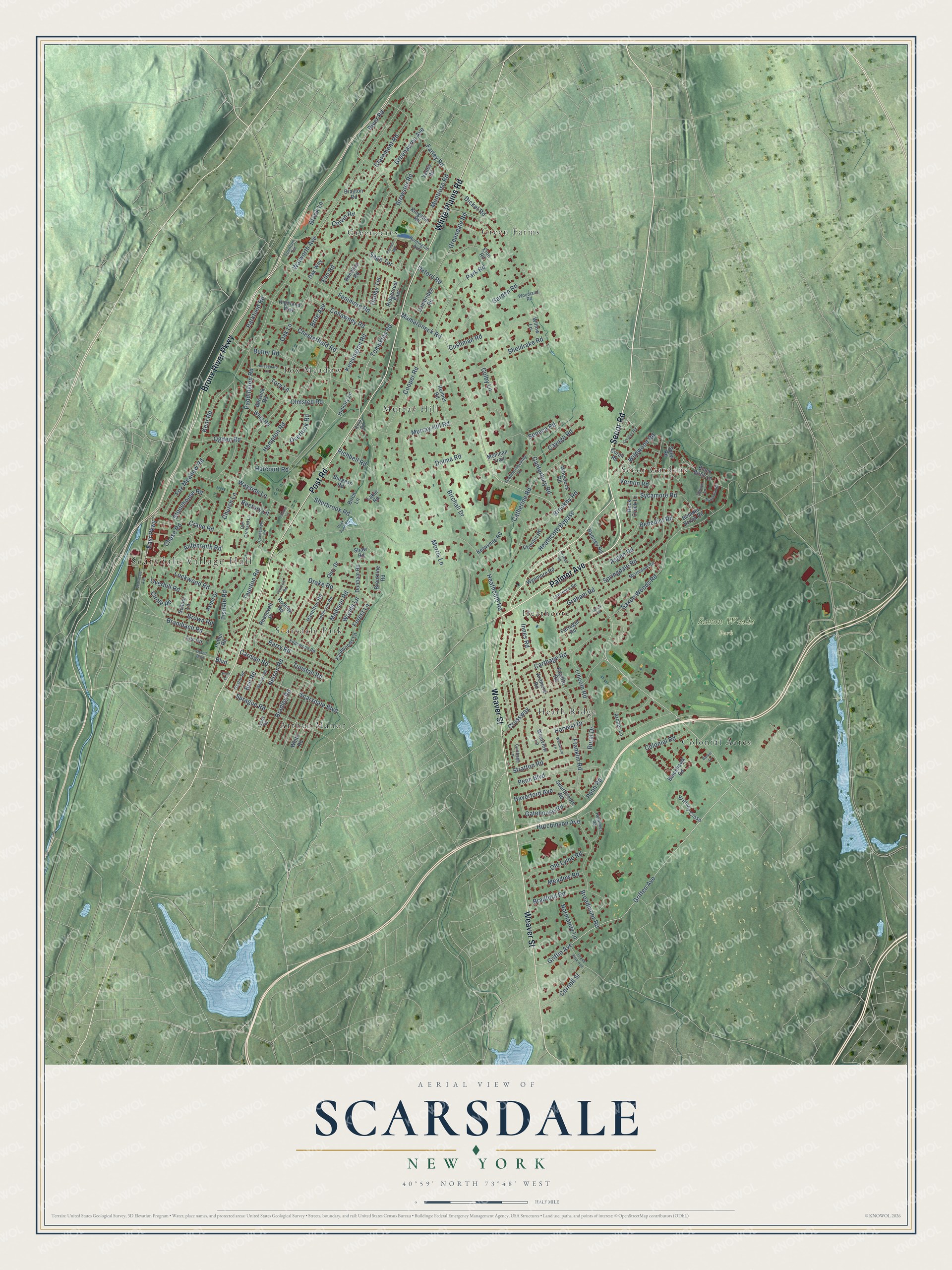 Detailed map of Scarsdale, New York, showing streets, buildings, neighborhoods, and parks