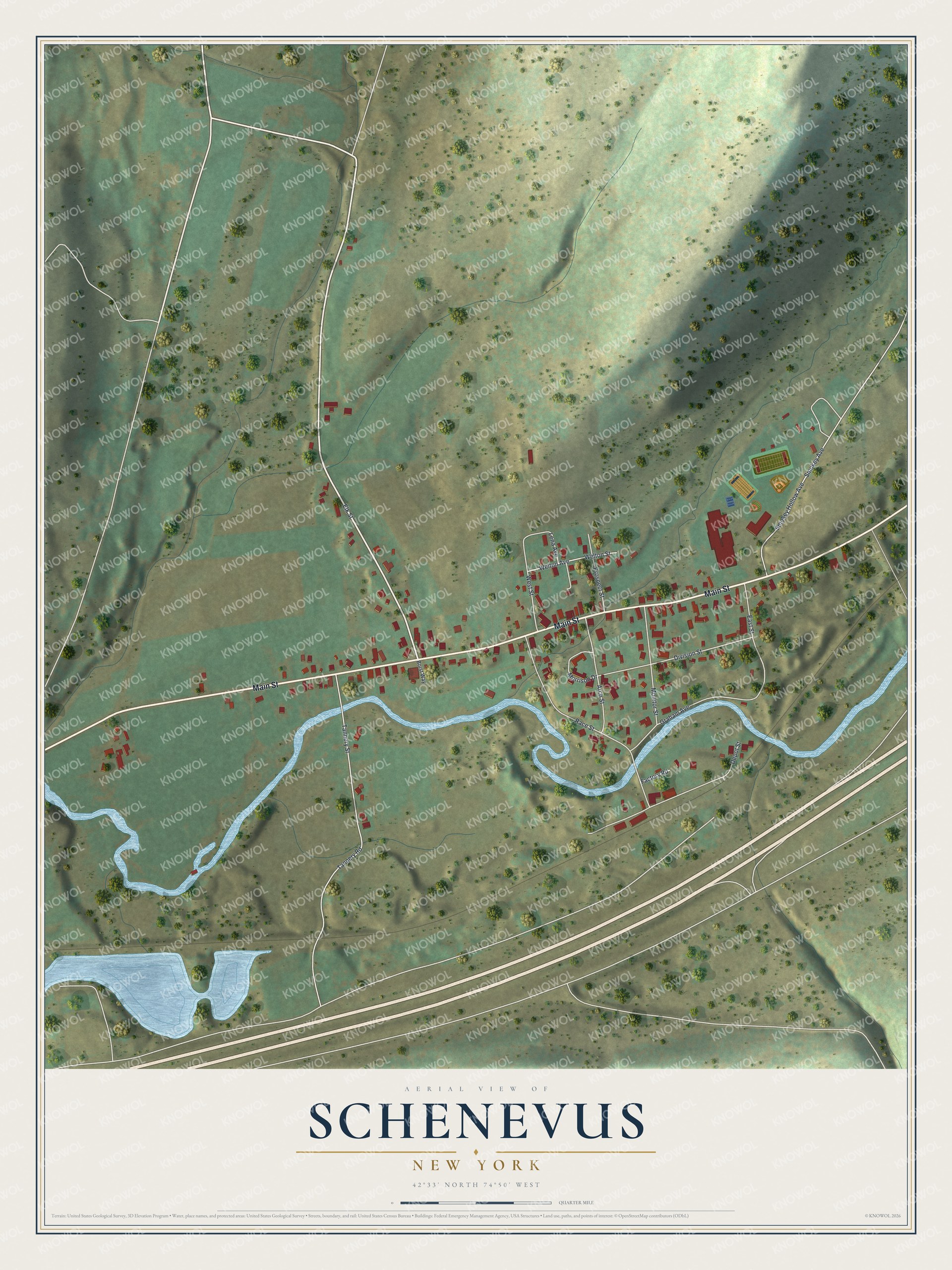 Full map of Schenevus, New York, with red buildings, printed street names and the land around them