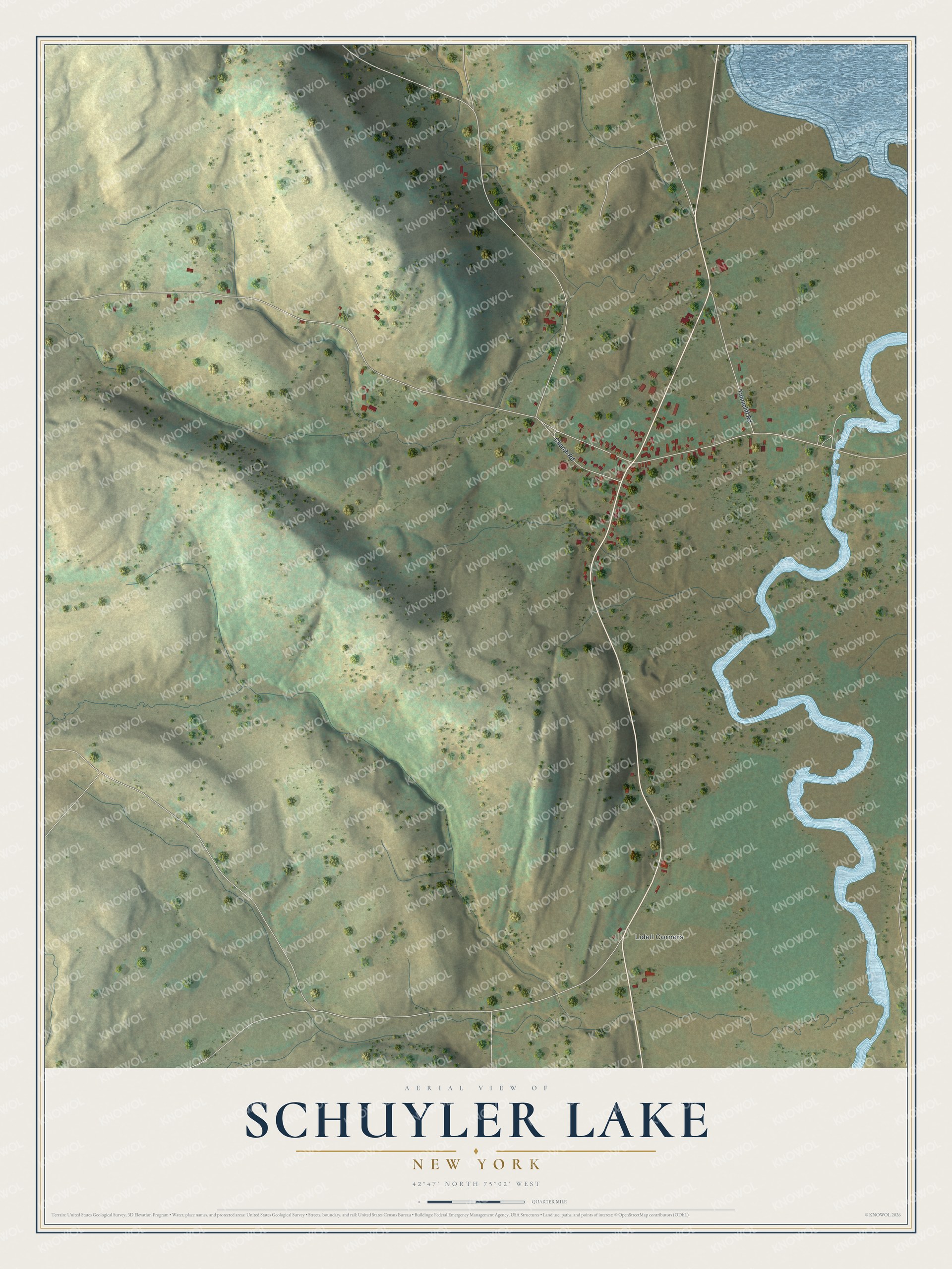 Full map of Schuyler Lake, New York, with red buildings, printed street names and the land around them