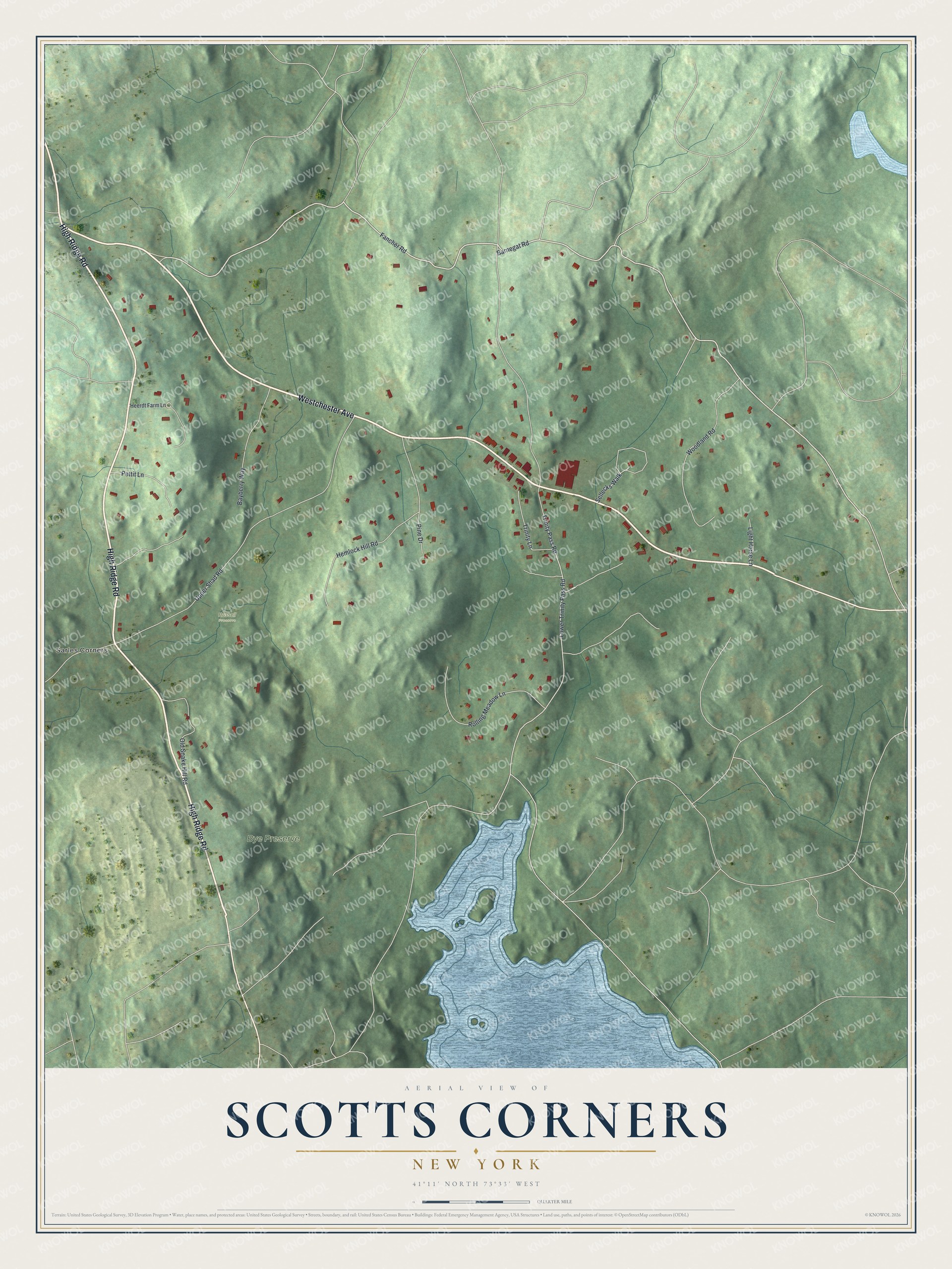 Full map of Scotts Corners, New York, with red buildings, printed street names and the land around them