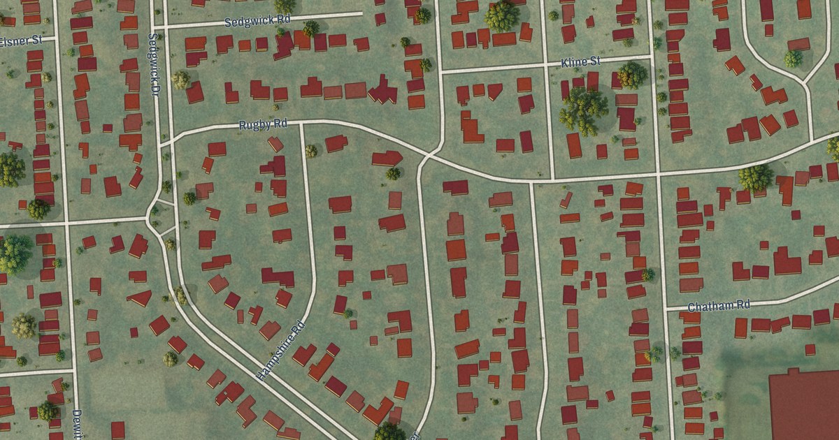 Close-up of streets and buildings in Sedgwick, New York