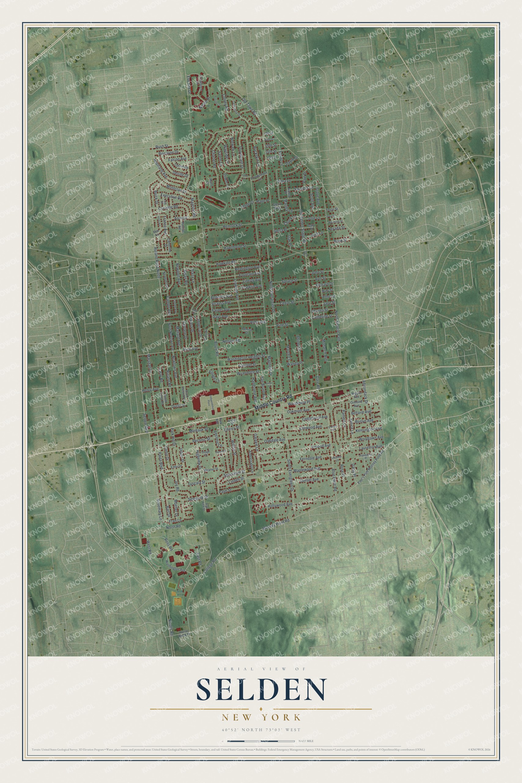 Full map of Selden, New York, with red buildings, printed street names and the land around them