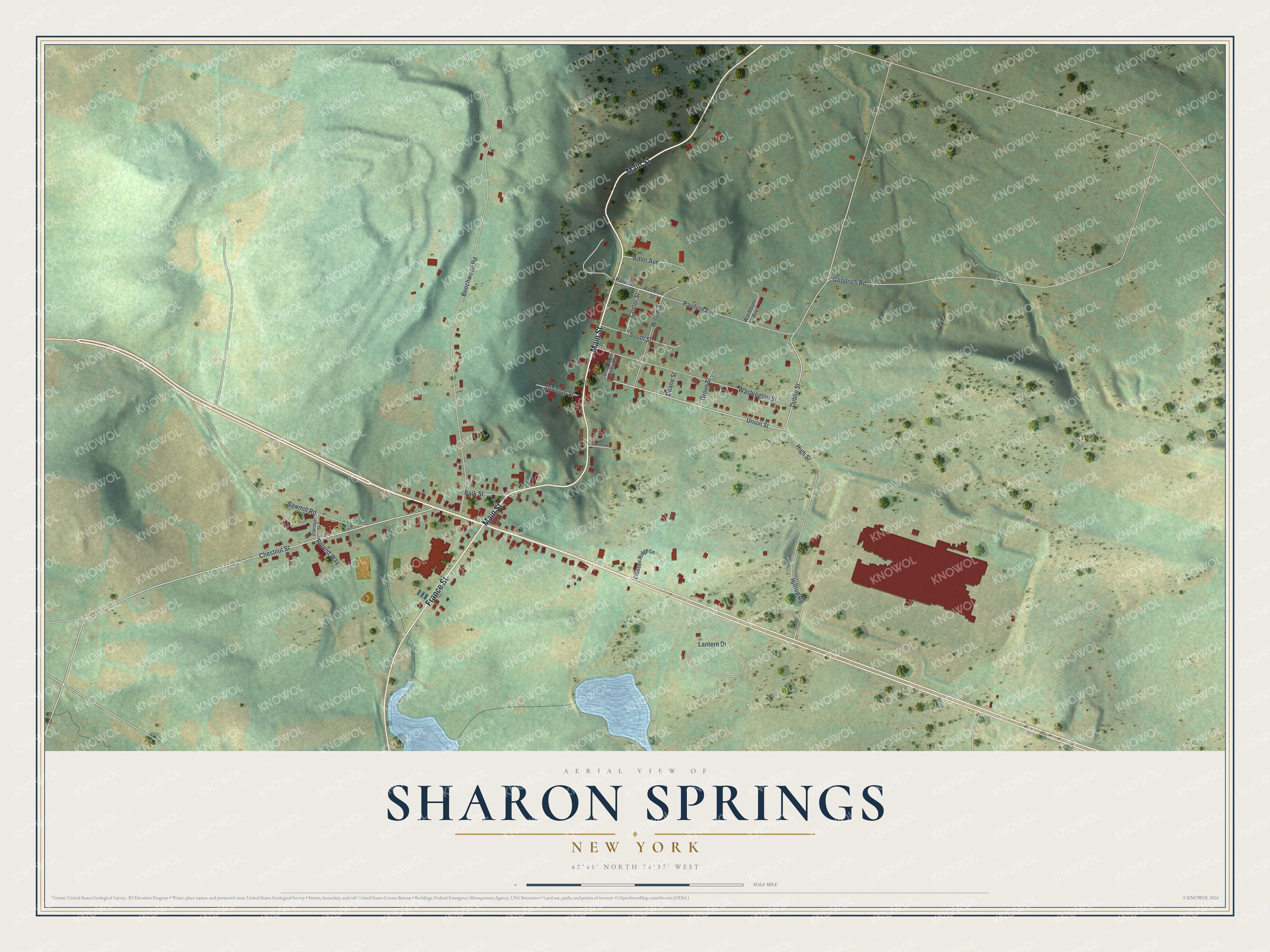 Full map of Sharon Springs, New York, with red buildings, printed street names and the land around them