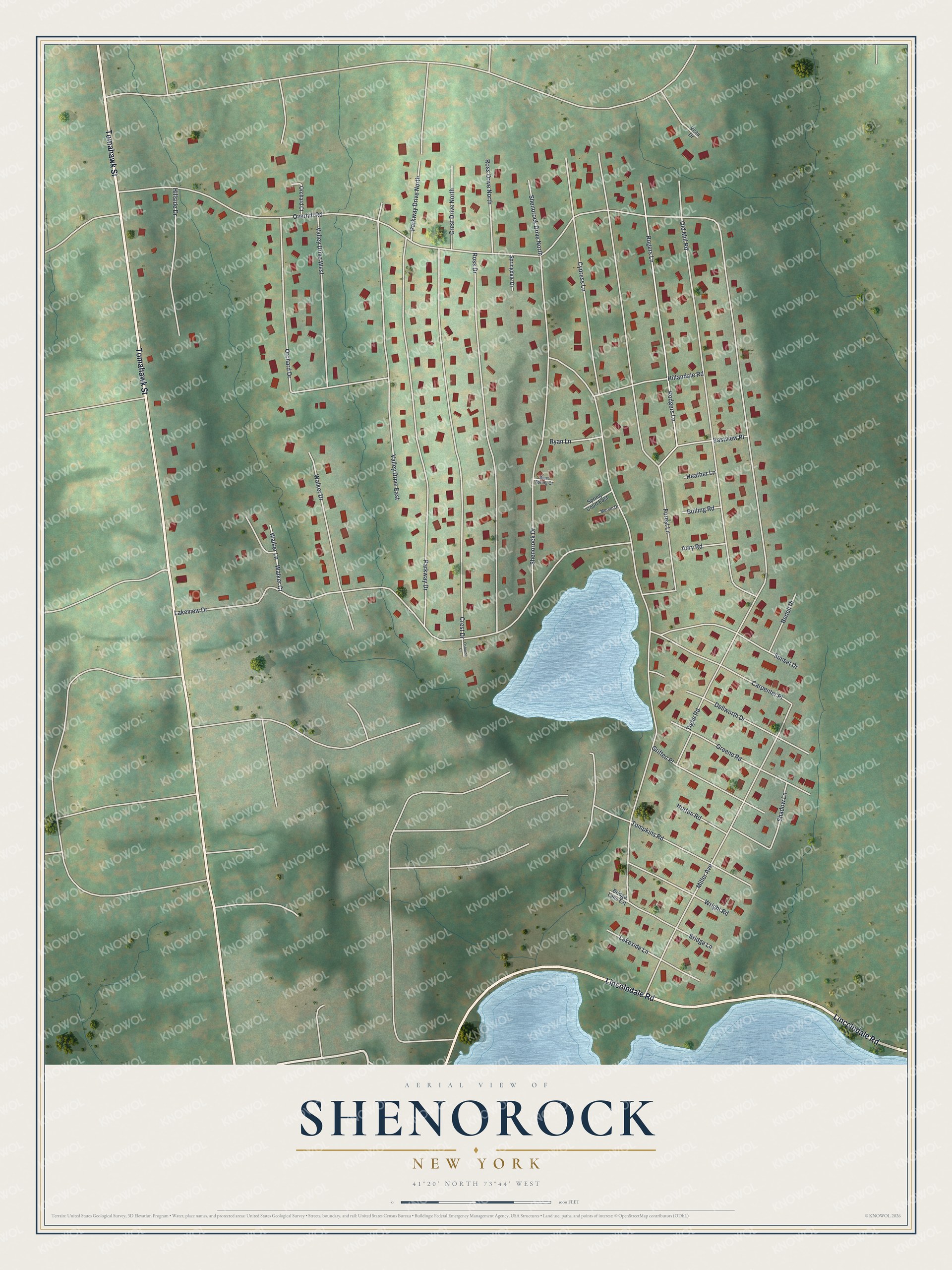 Full map of Shenorock, New York, with red buildings, printed street names and the land around them