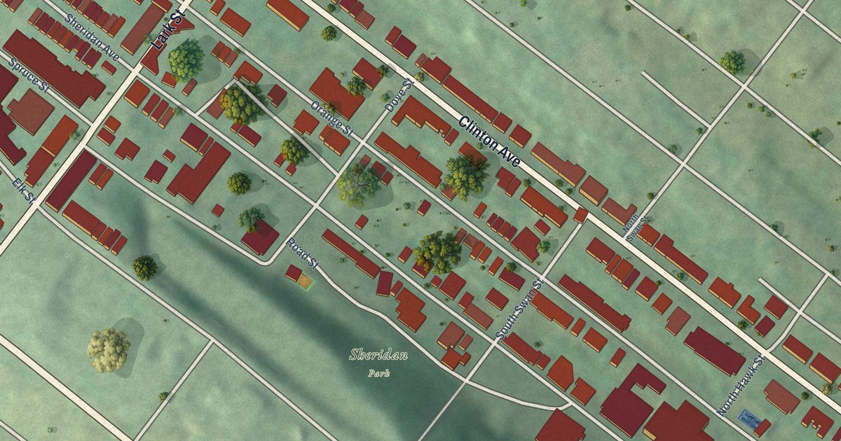 Close-up of streets and buildings in Sheridan Hollow, New York