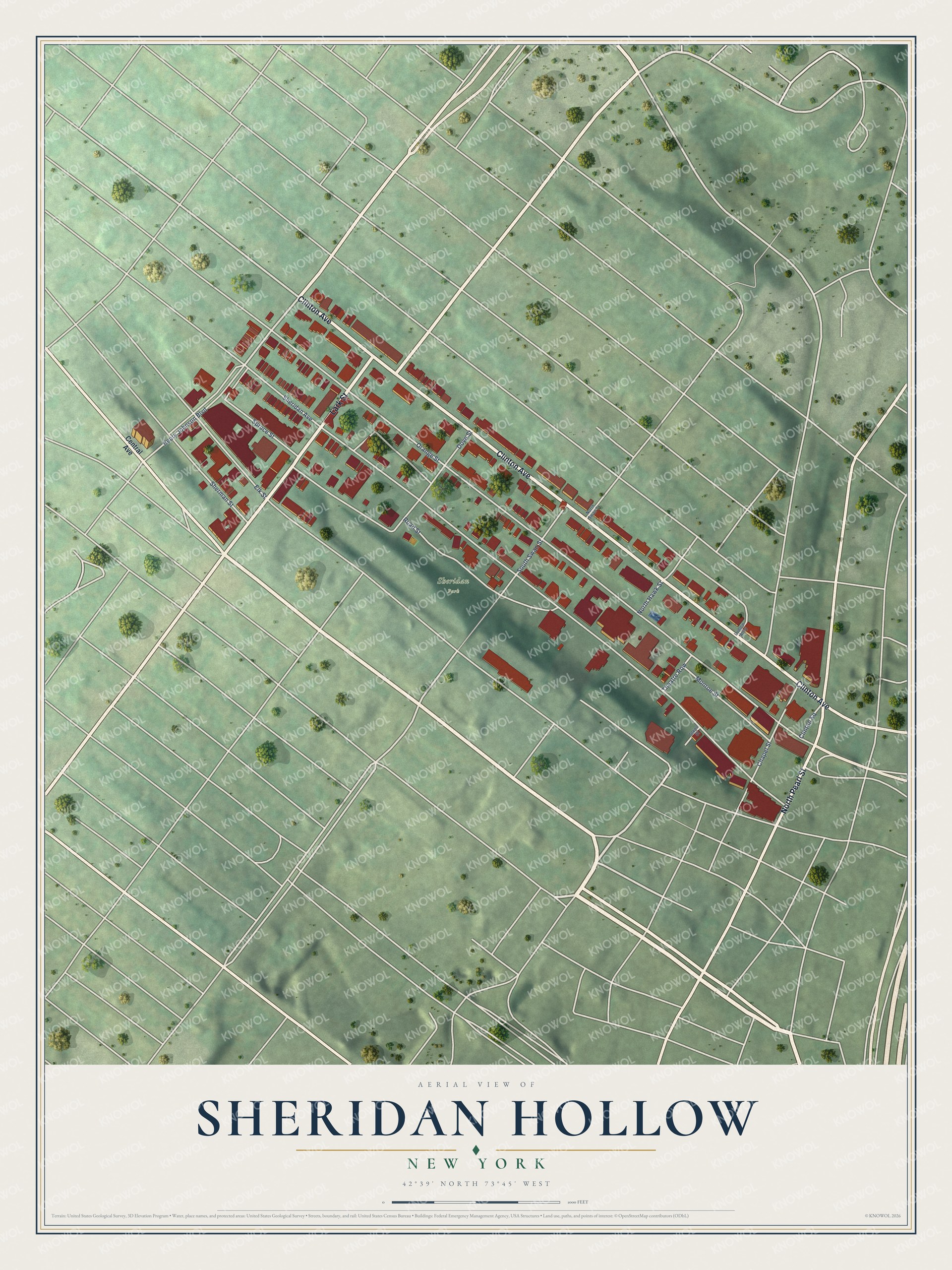 Full map of Sheridan Hollow, New York, with red buildings, printed street names and the land around them