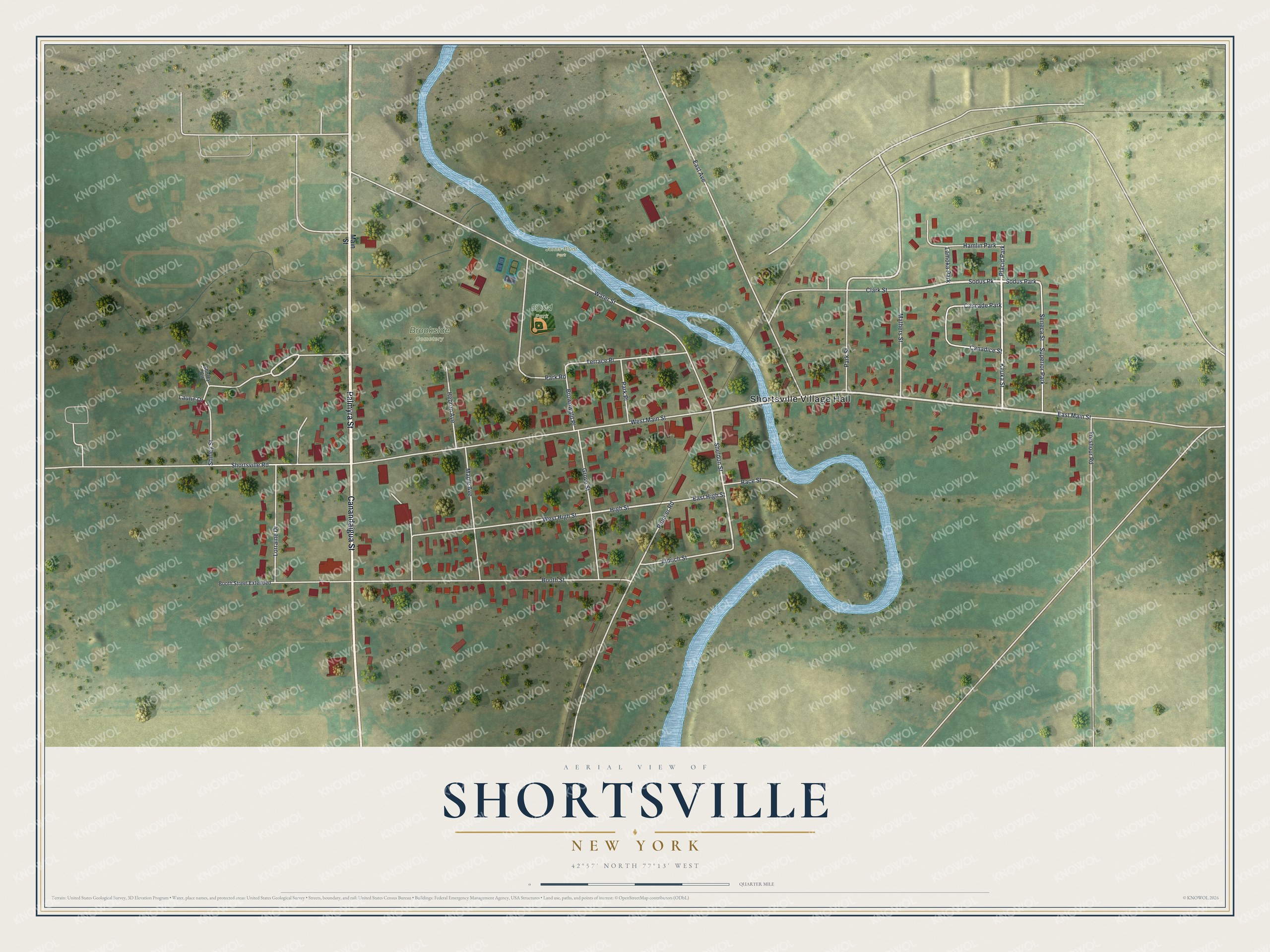Full map of Shortsville, New York, with red buildings, printed street names and the land around them