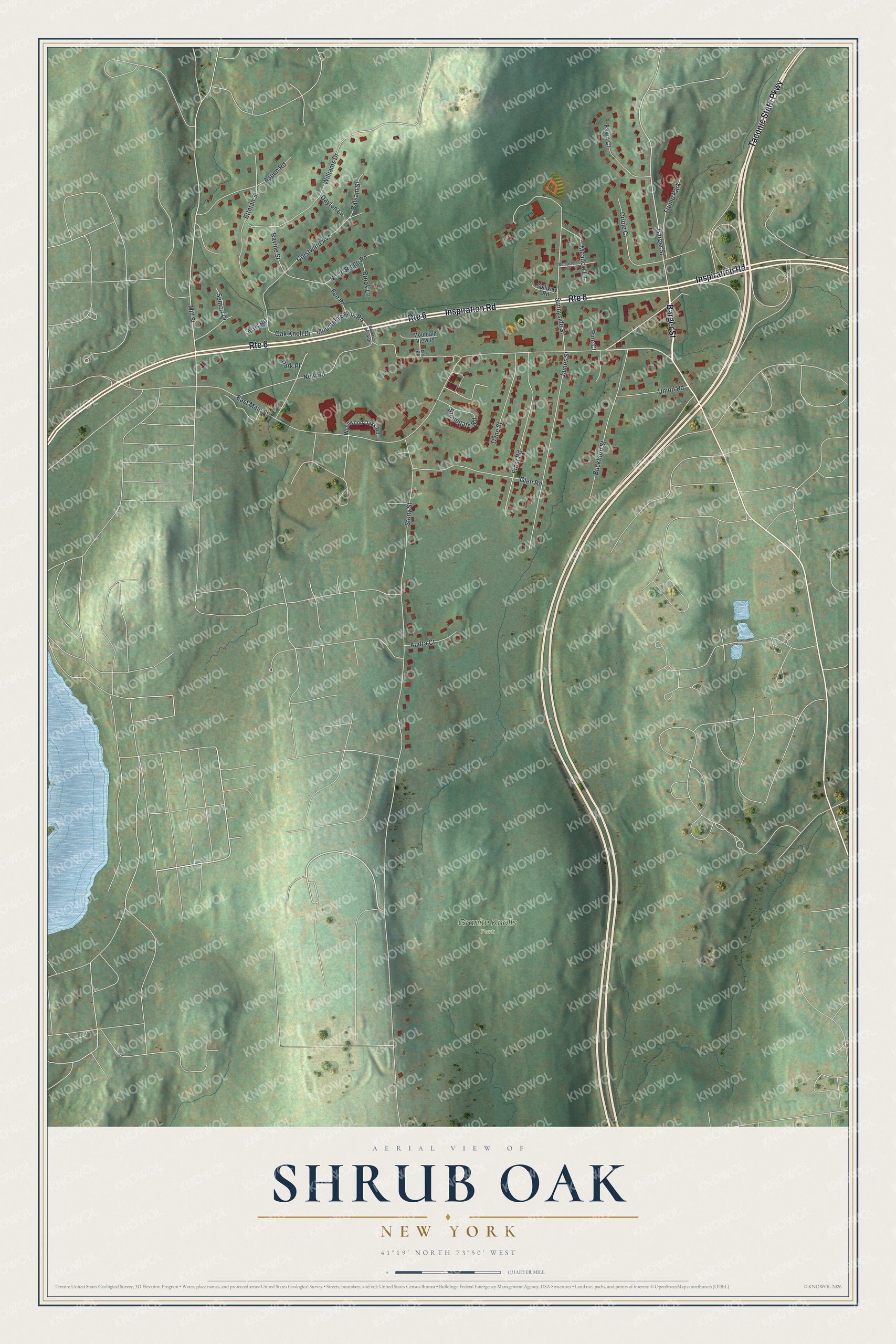 Full map of Shrub Oak, New York, with red buildings, printed street names and the land around them