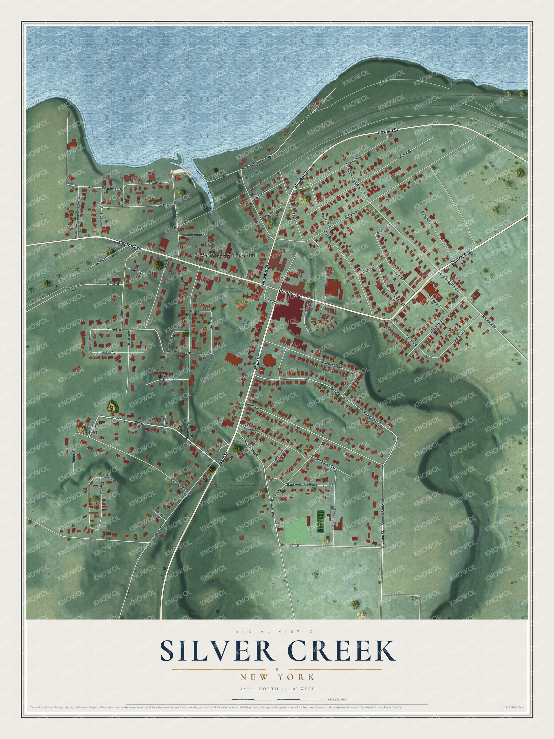 Full map of Silver Creek, New York, with red buildings, printed street names and the land around them