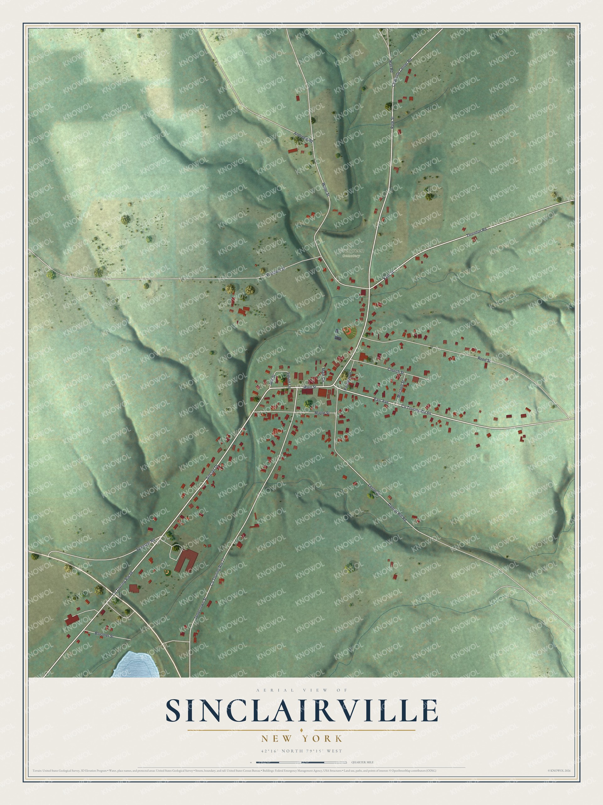 Full map of Sinclairville, New York, with red buildings, printed street names and the land around them