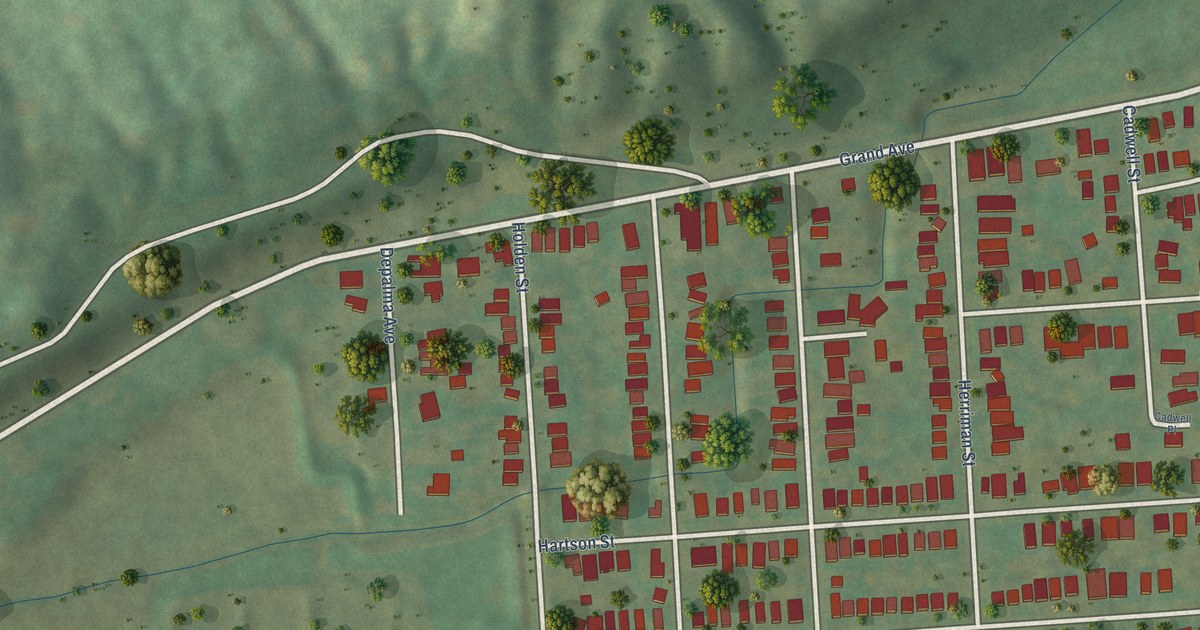 Close-up of streets and buildings in Skunk City, New York