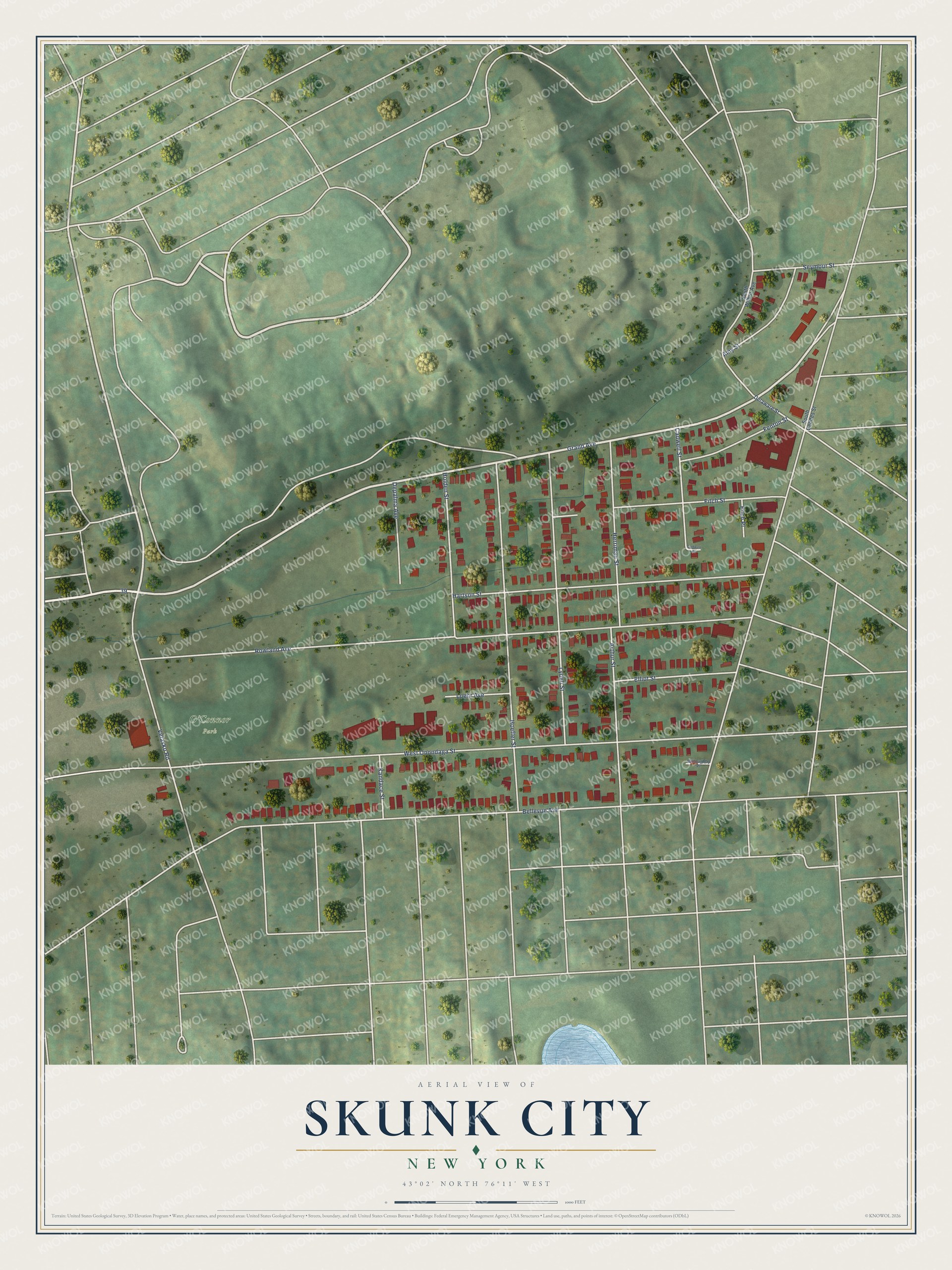 Full map of Skunk City, New York, with red buildings, printed street names and the land around them
