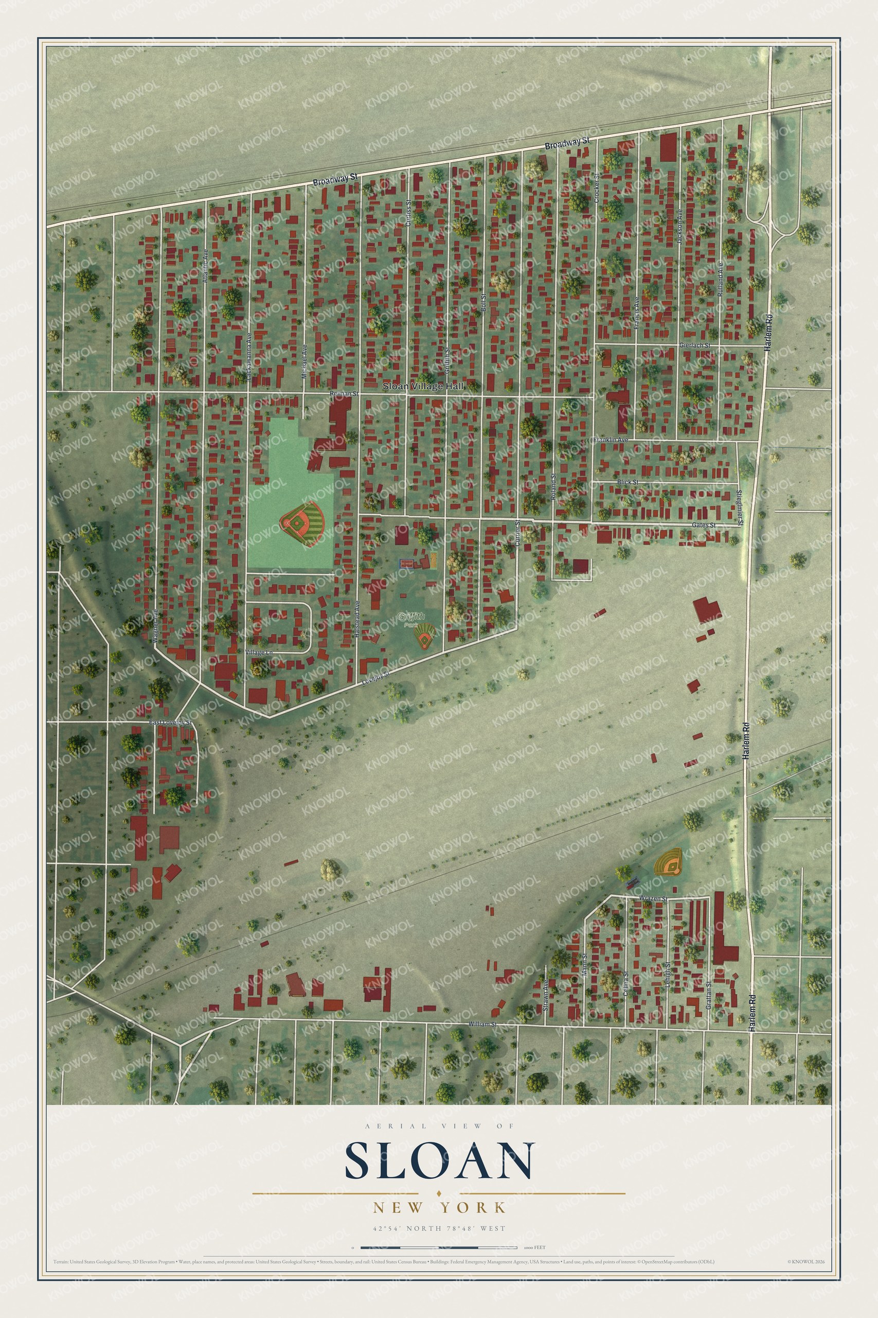 Full map of Sloan, New York, with red buildings, printed street names and the land around them