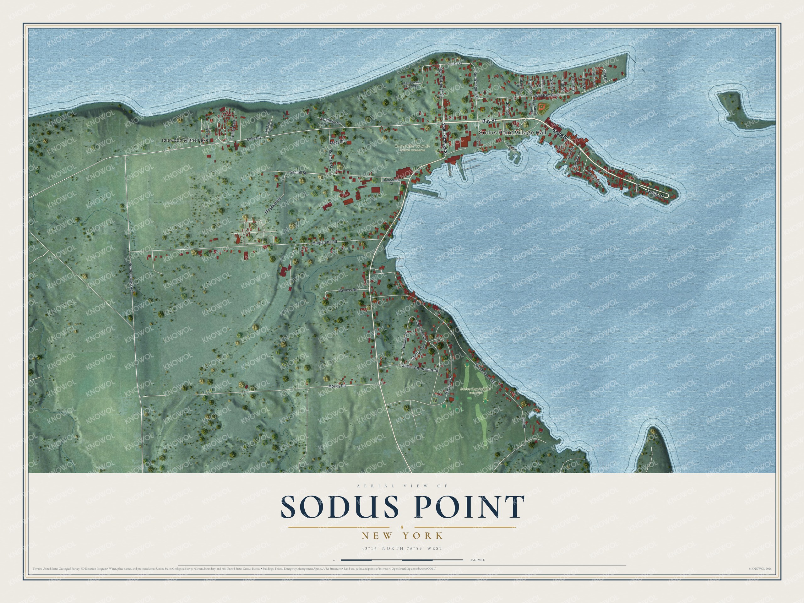 Full map of Sodus Point, New York, with red buildings, printed street names and the land around them