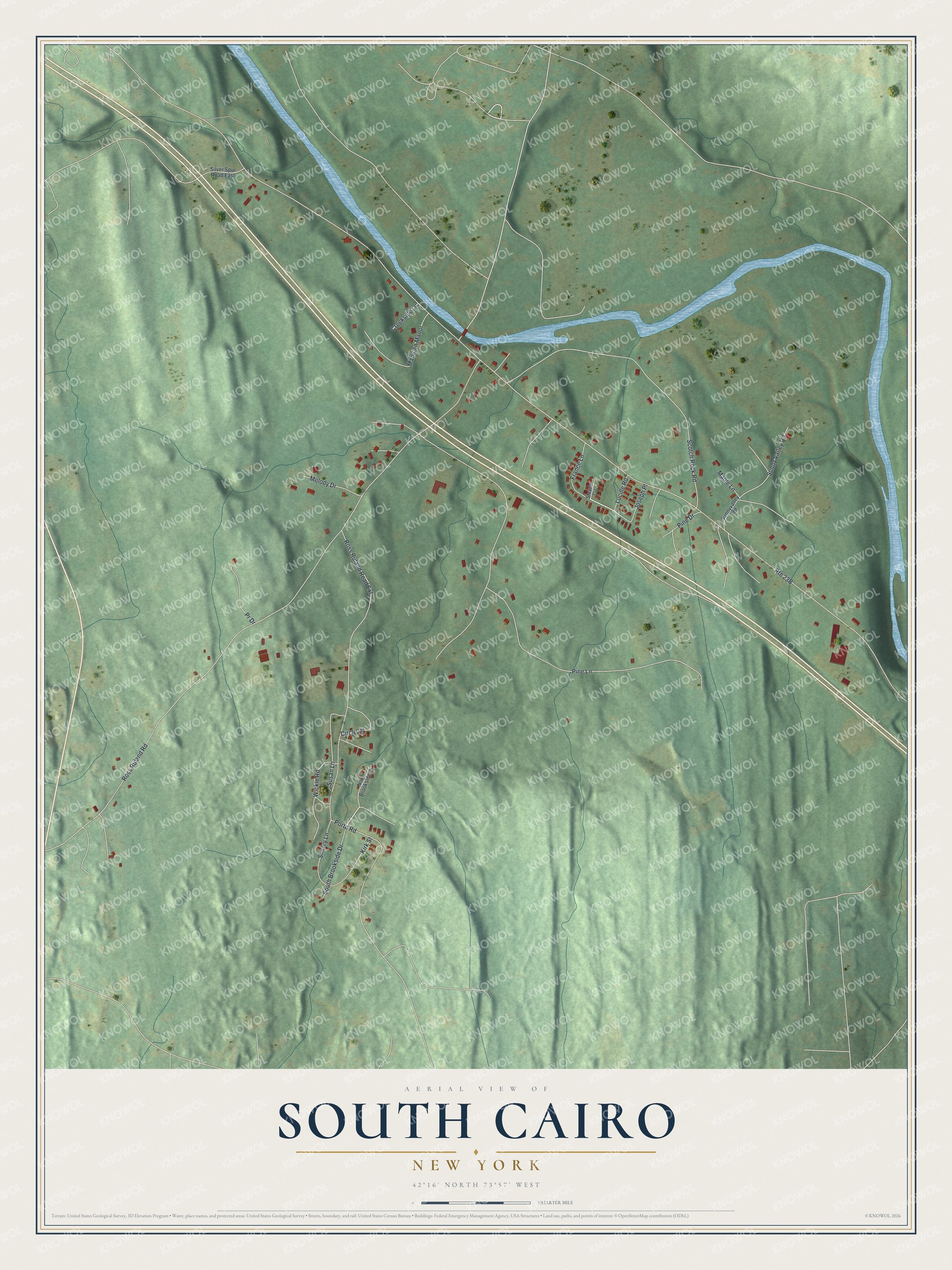 Full map of South Cairo, New York, with red buildings, printed street names and the land around them
