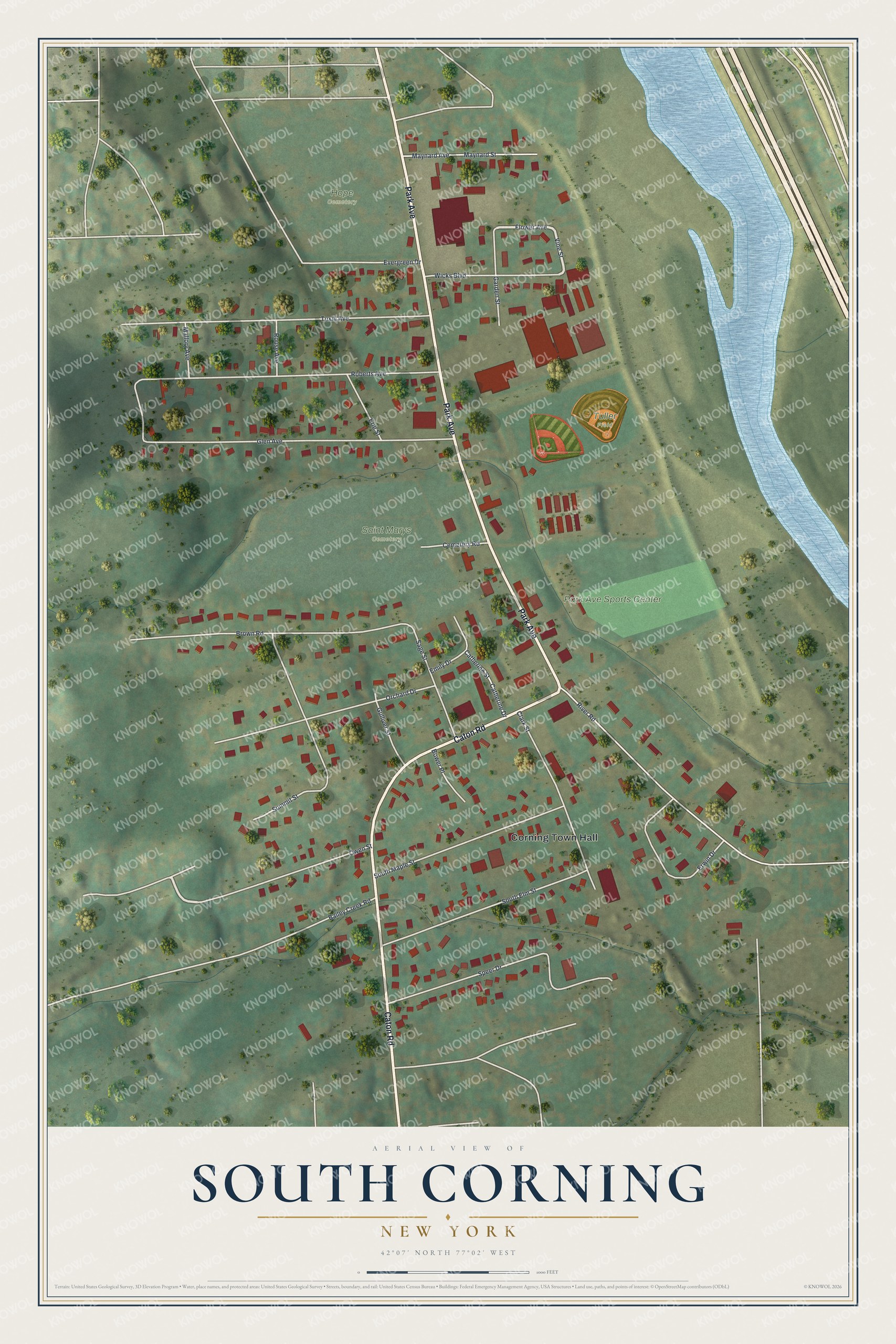 Full map of South Corning, New York, with red buildings, printed street names and the land around them