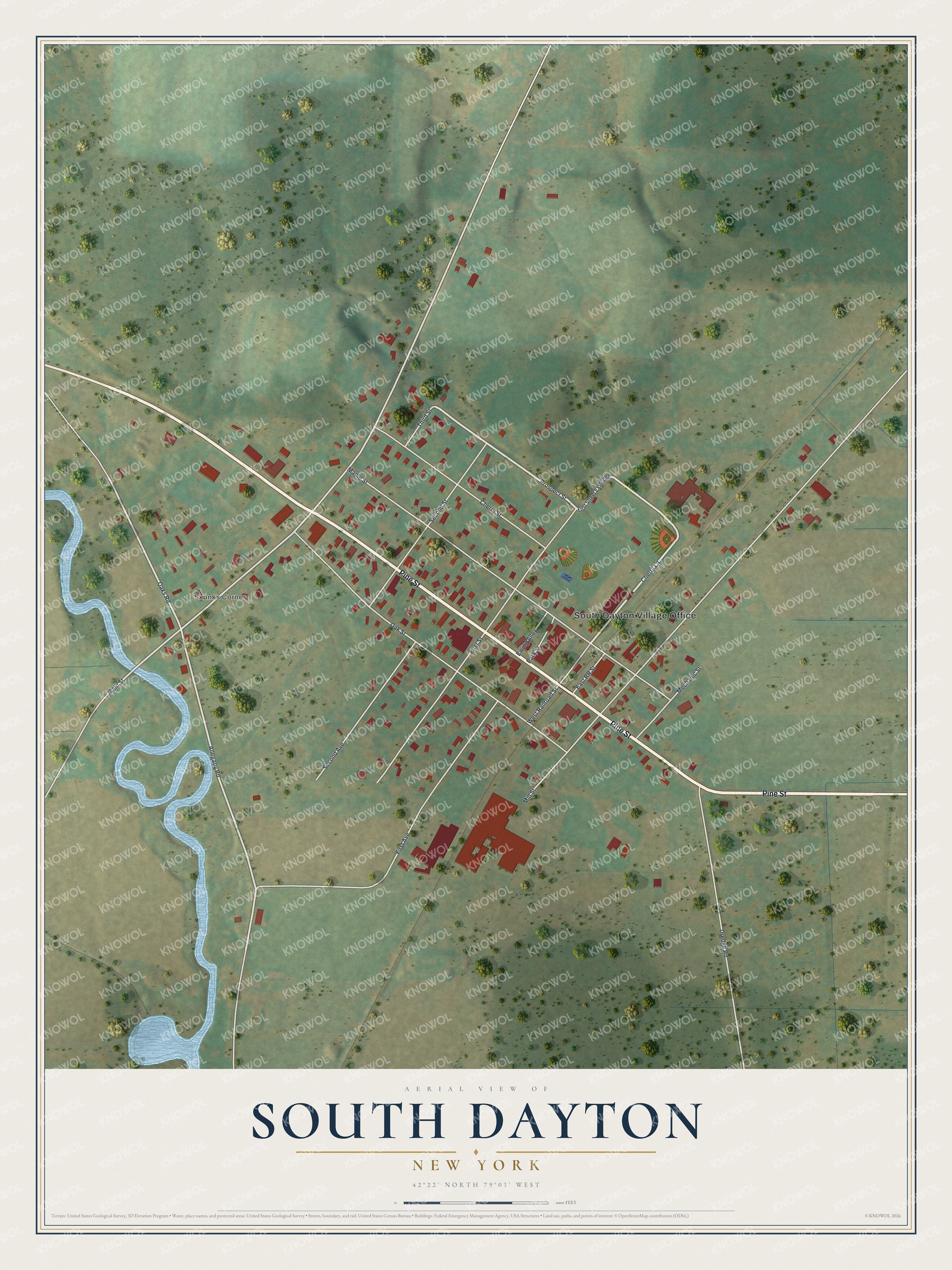 Full map of South Dayton, New York, with red buildings, printed street names and the land around them