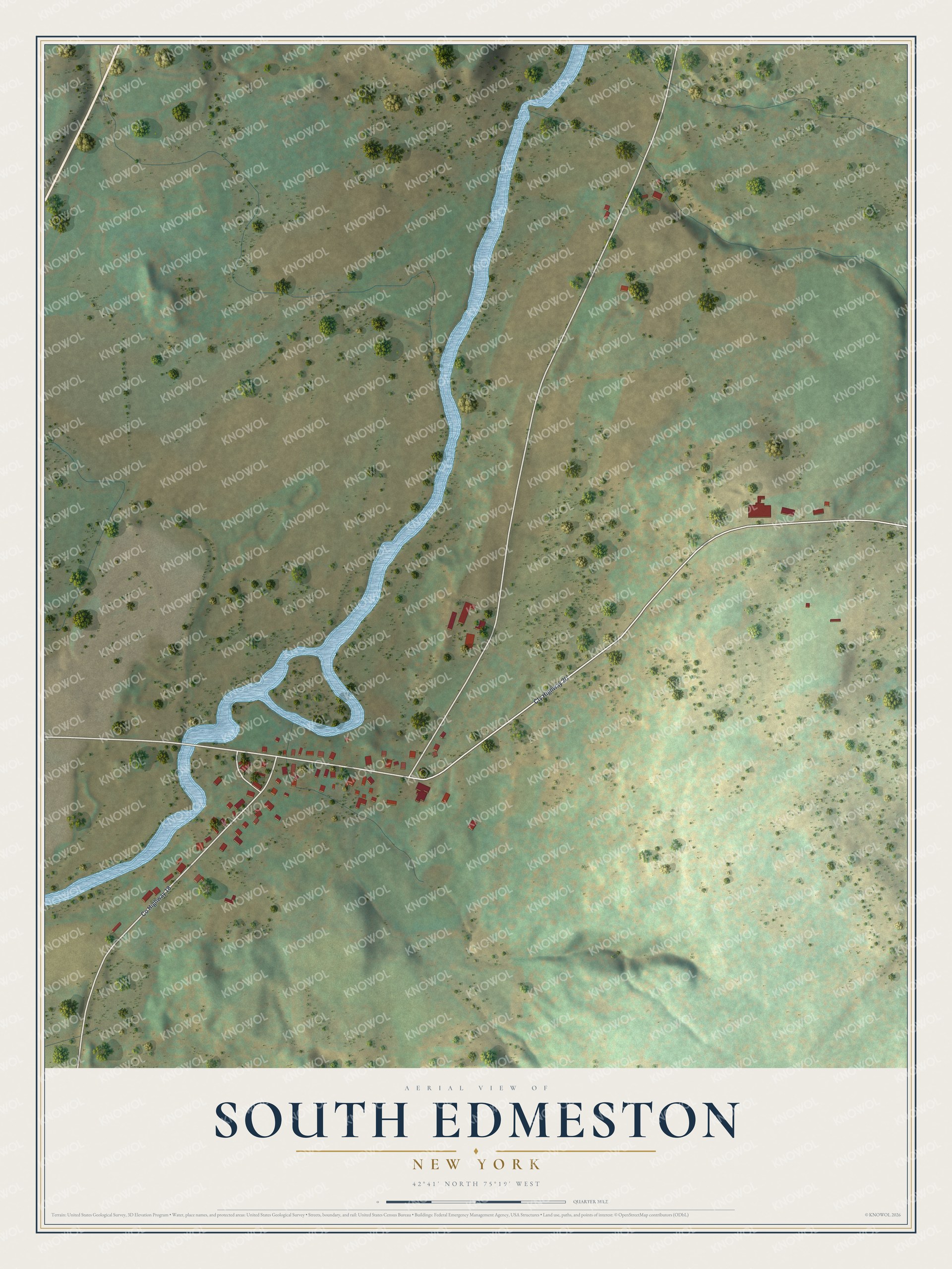 Full map of South Edmeston, New York, with red buildings, printed street names and the land around them