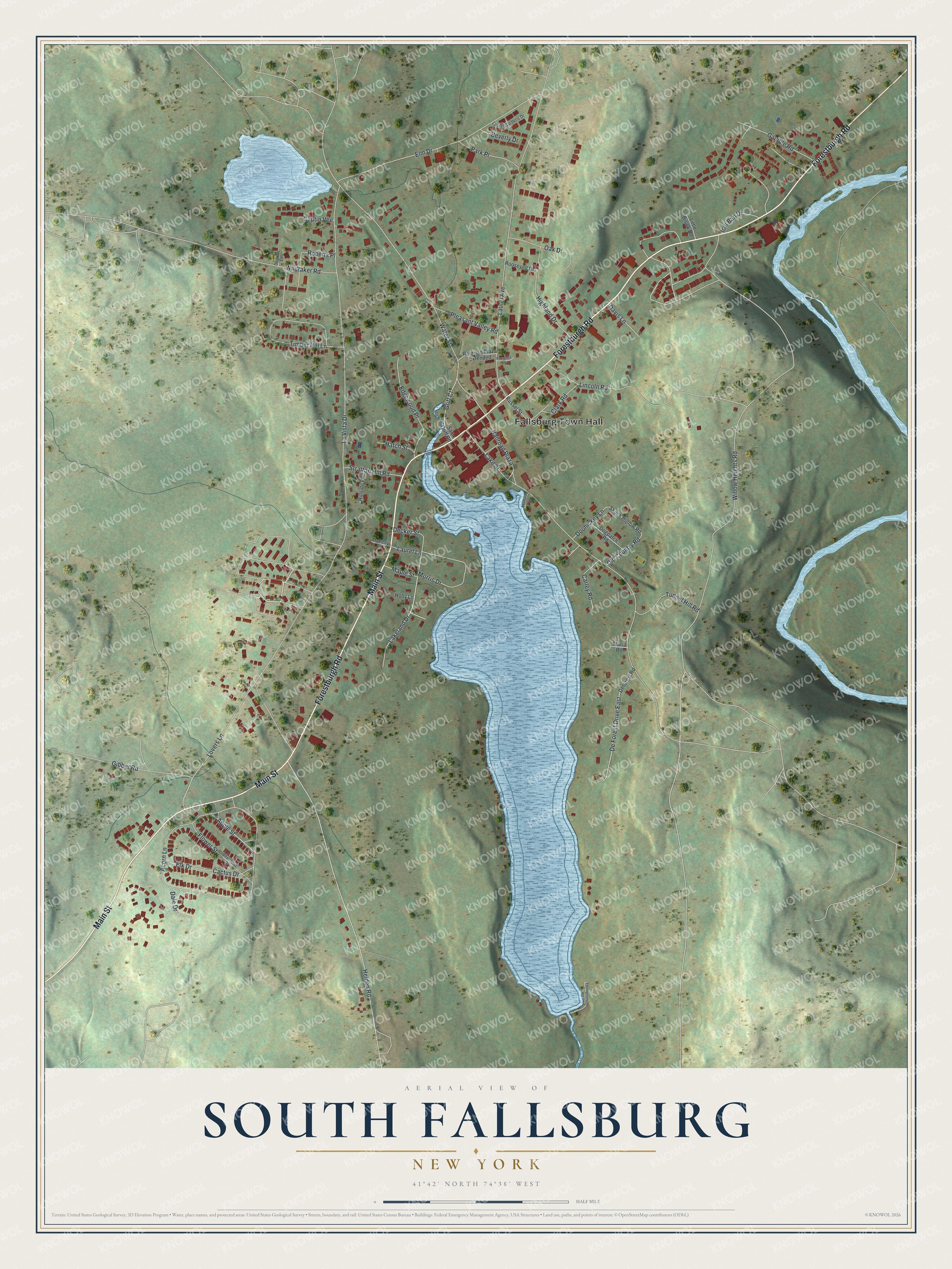 Full map of South Fallsburg, New York, with red buildings, printed street names and the land around them