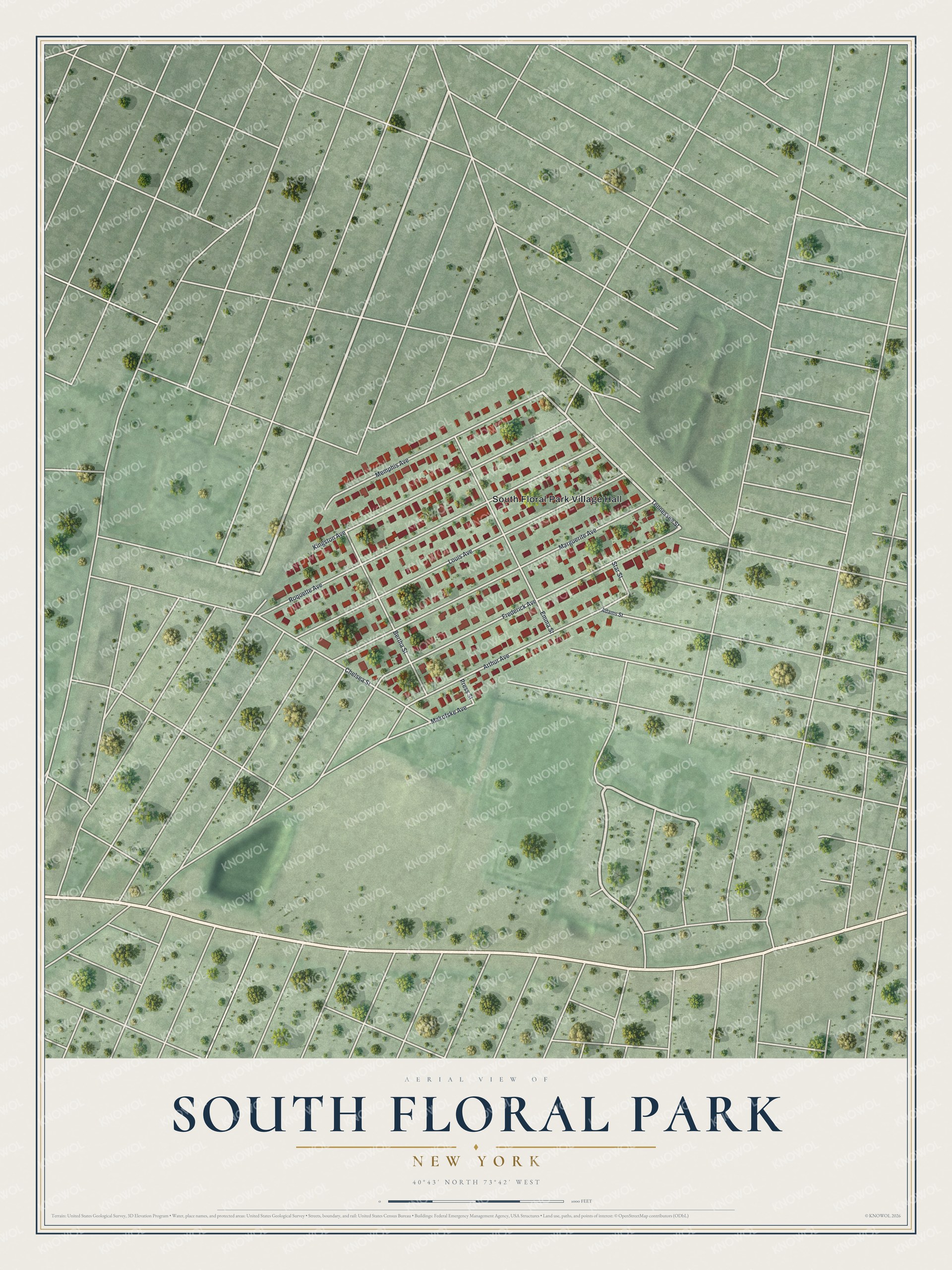 Full map of South Floral Park, New York, with red buildings, printed street names and the land around them