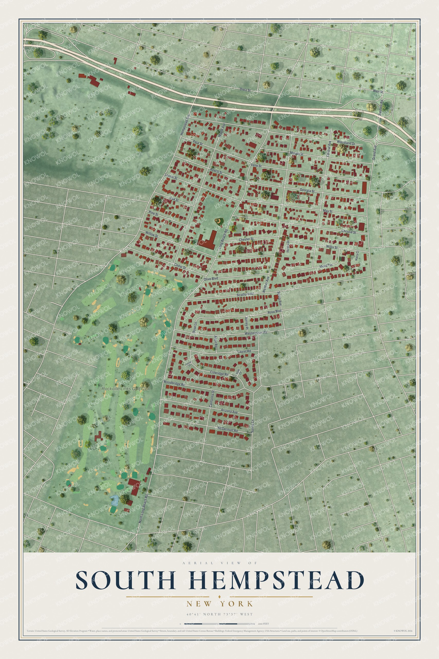 Full map of South Hempstead, New York, with red buildings, printed street names and the land around them