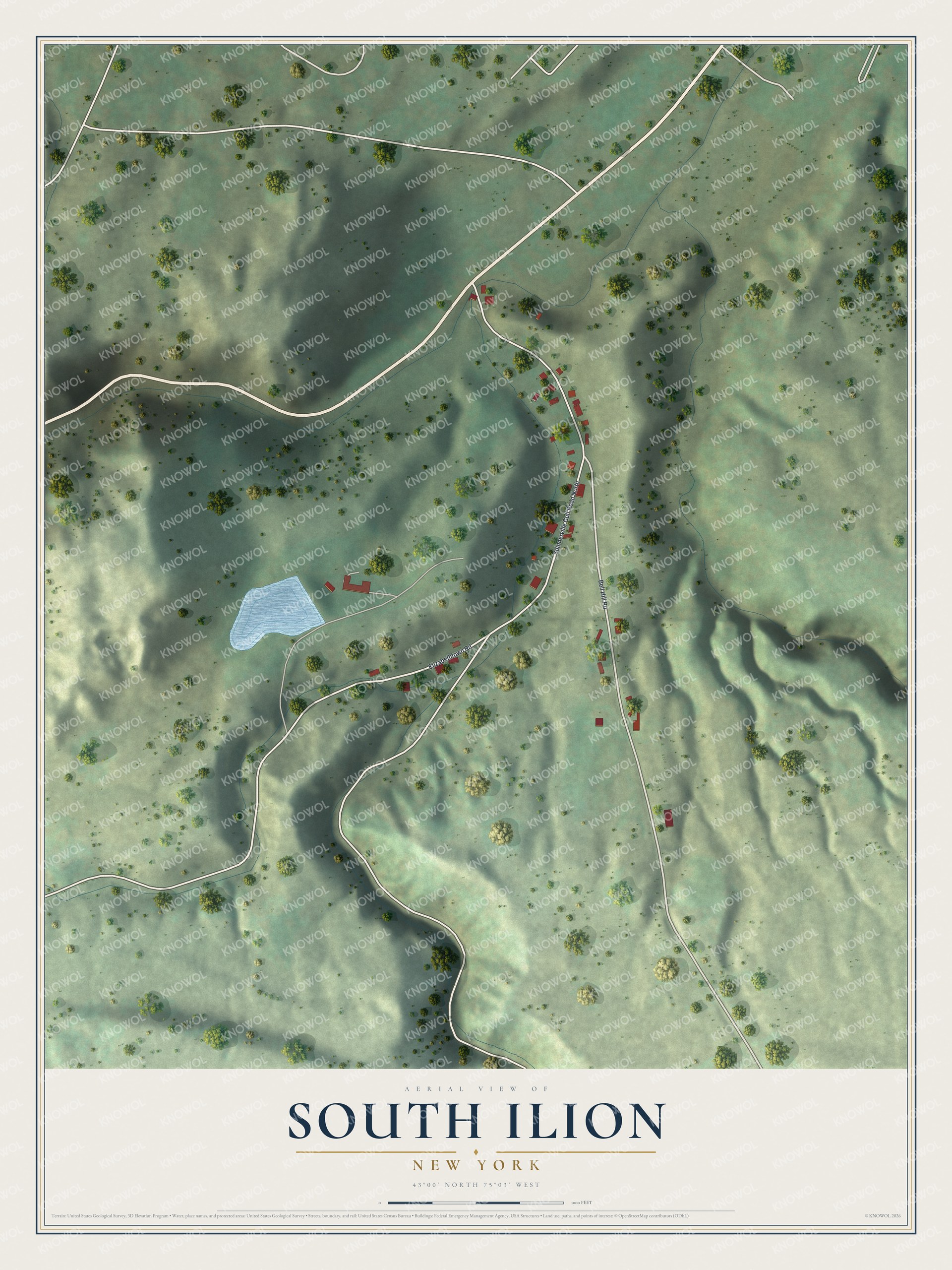 Full map of South Ilion, New York, with red buildings, printed street names and the land around them