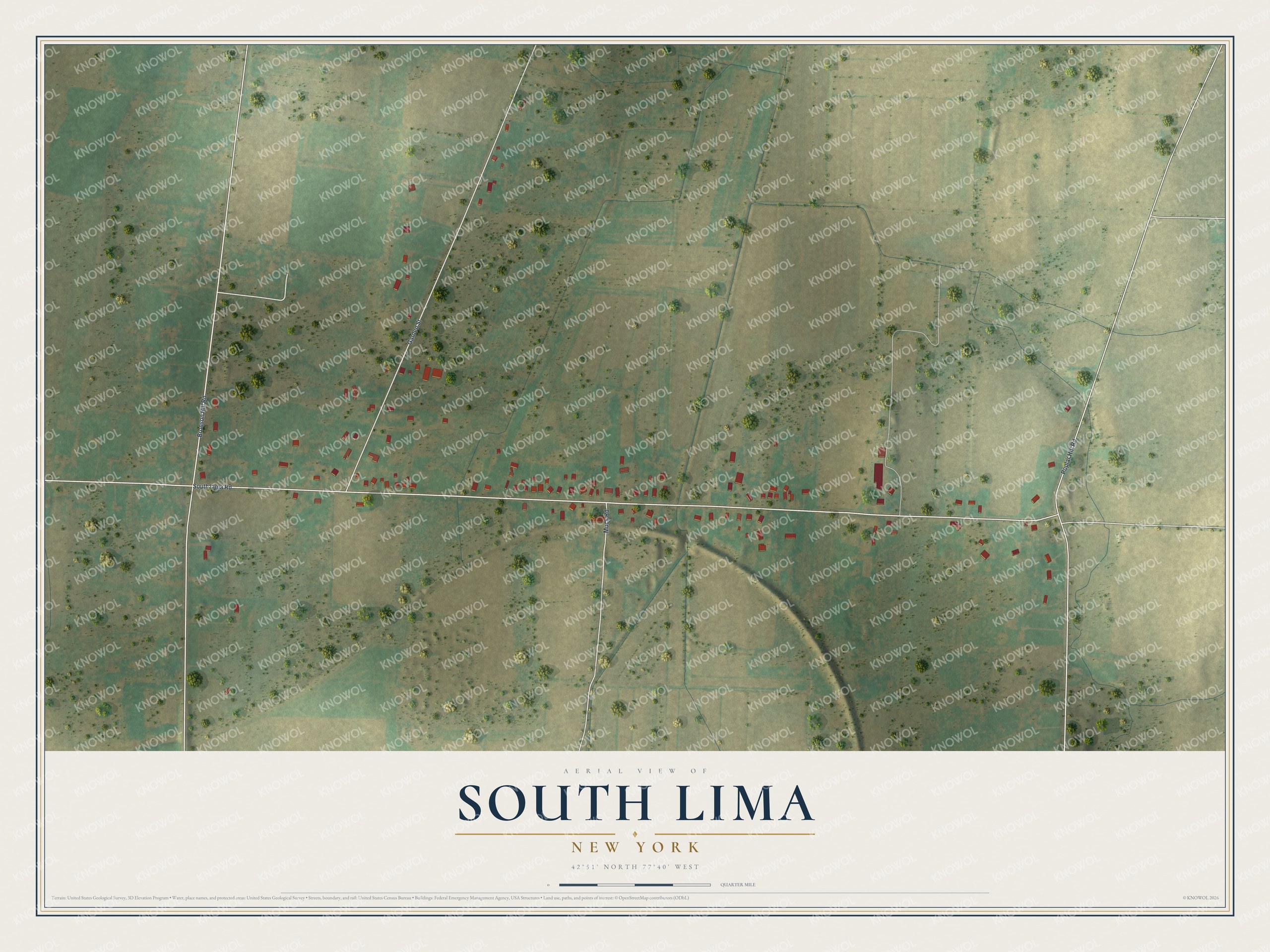 Full map of South Lima, New York, with red buildings, printed street names and the land around them