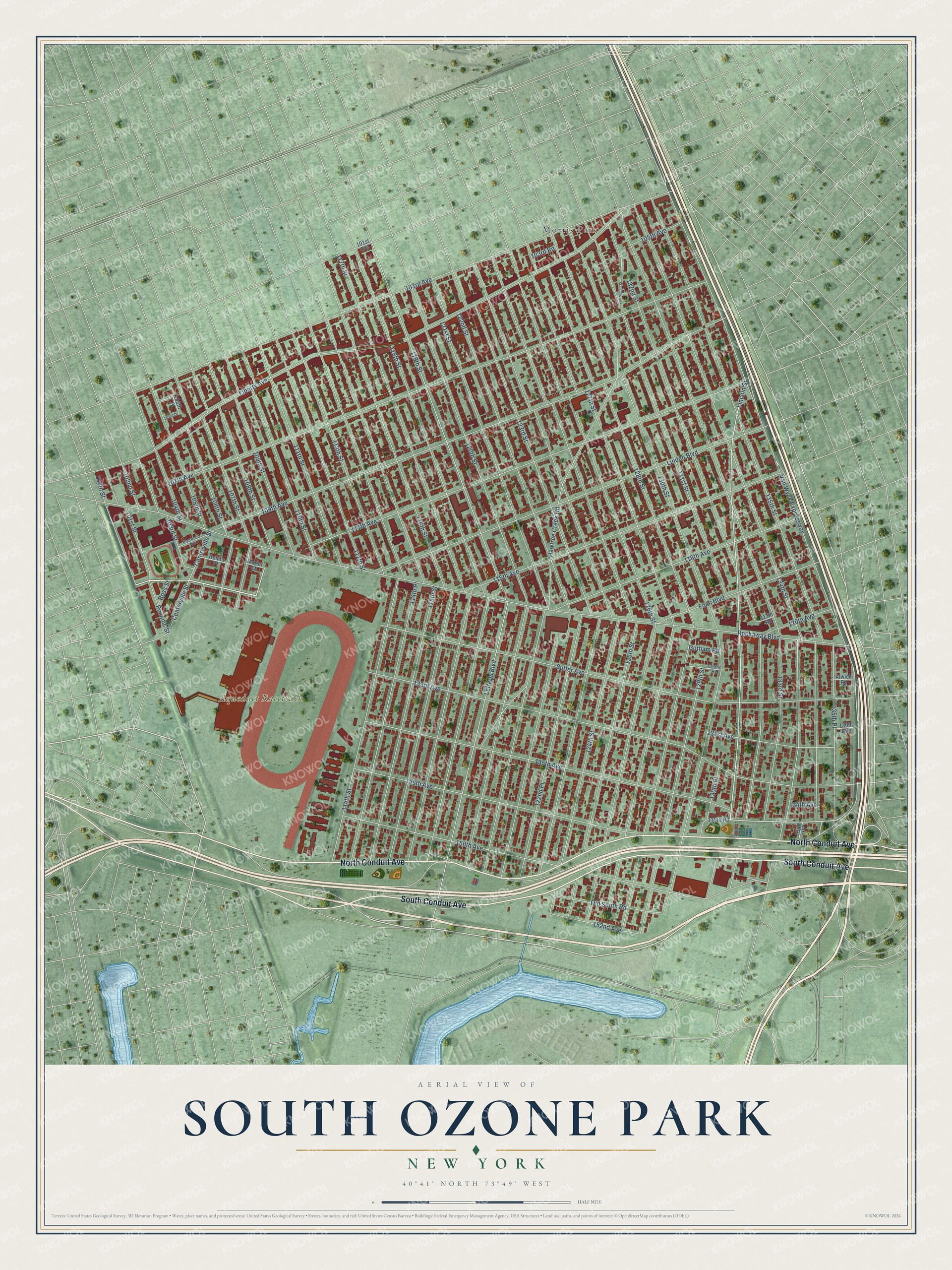 Full map of South Ozone Park, New York, with red buildings, printed street names and the land around them