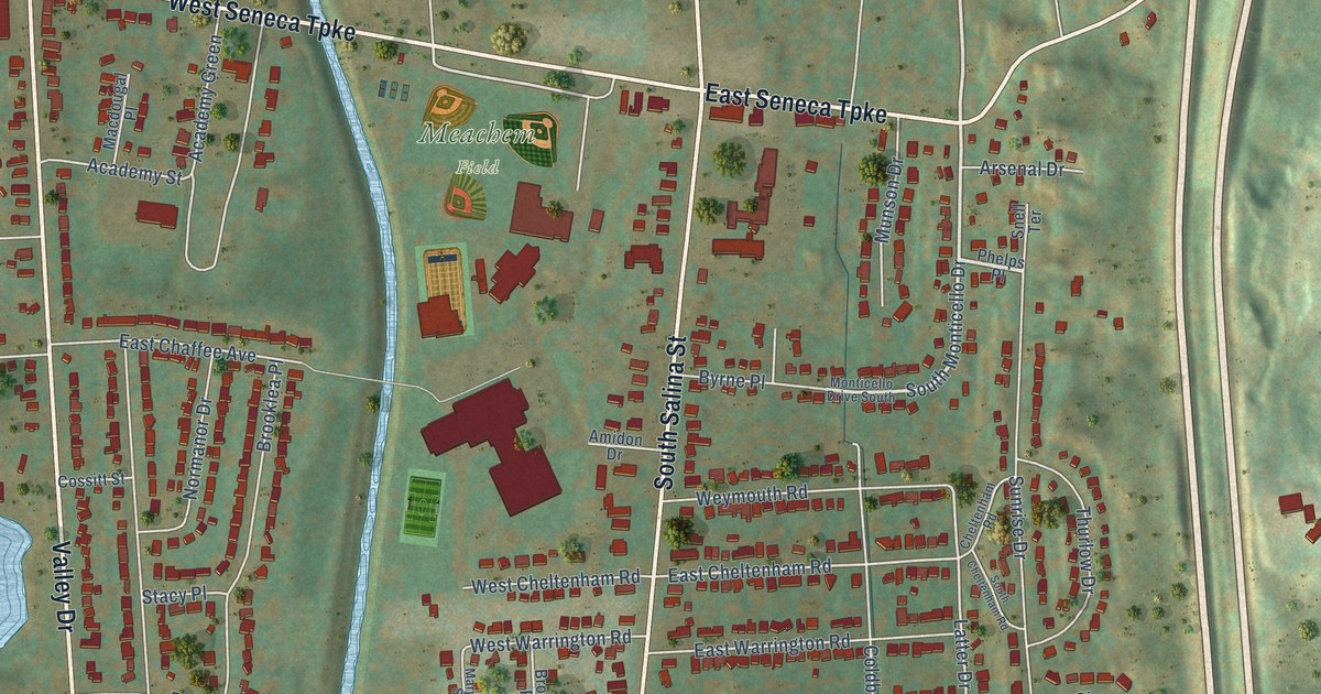 Close-up of streets and buildings in South Valley, Syracuse, New York
