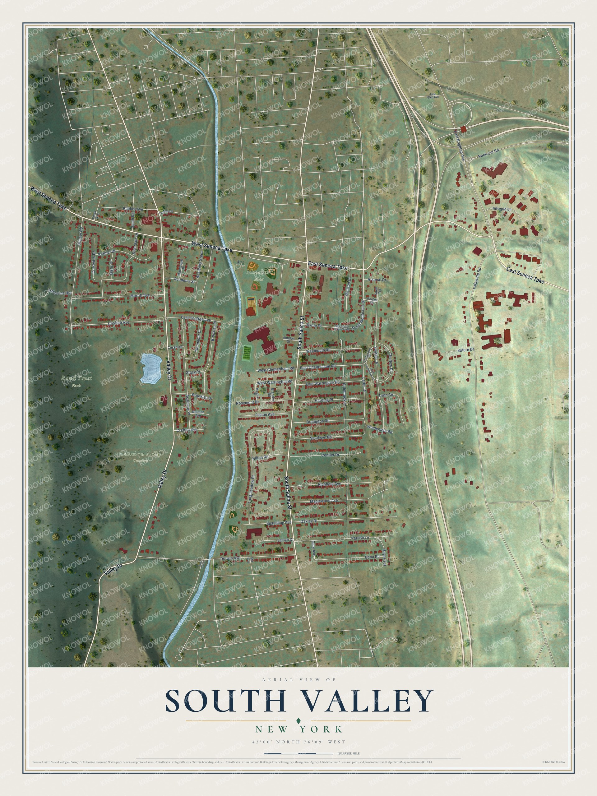 Full map of South Valley, New York, with red buildings, printed street names and the land around them