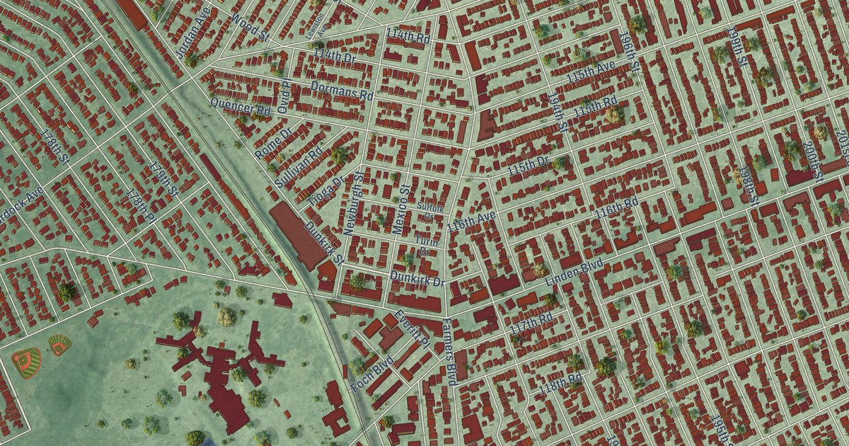 Close-up of streets and buildings in St. Albans, New York