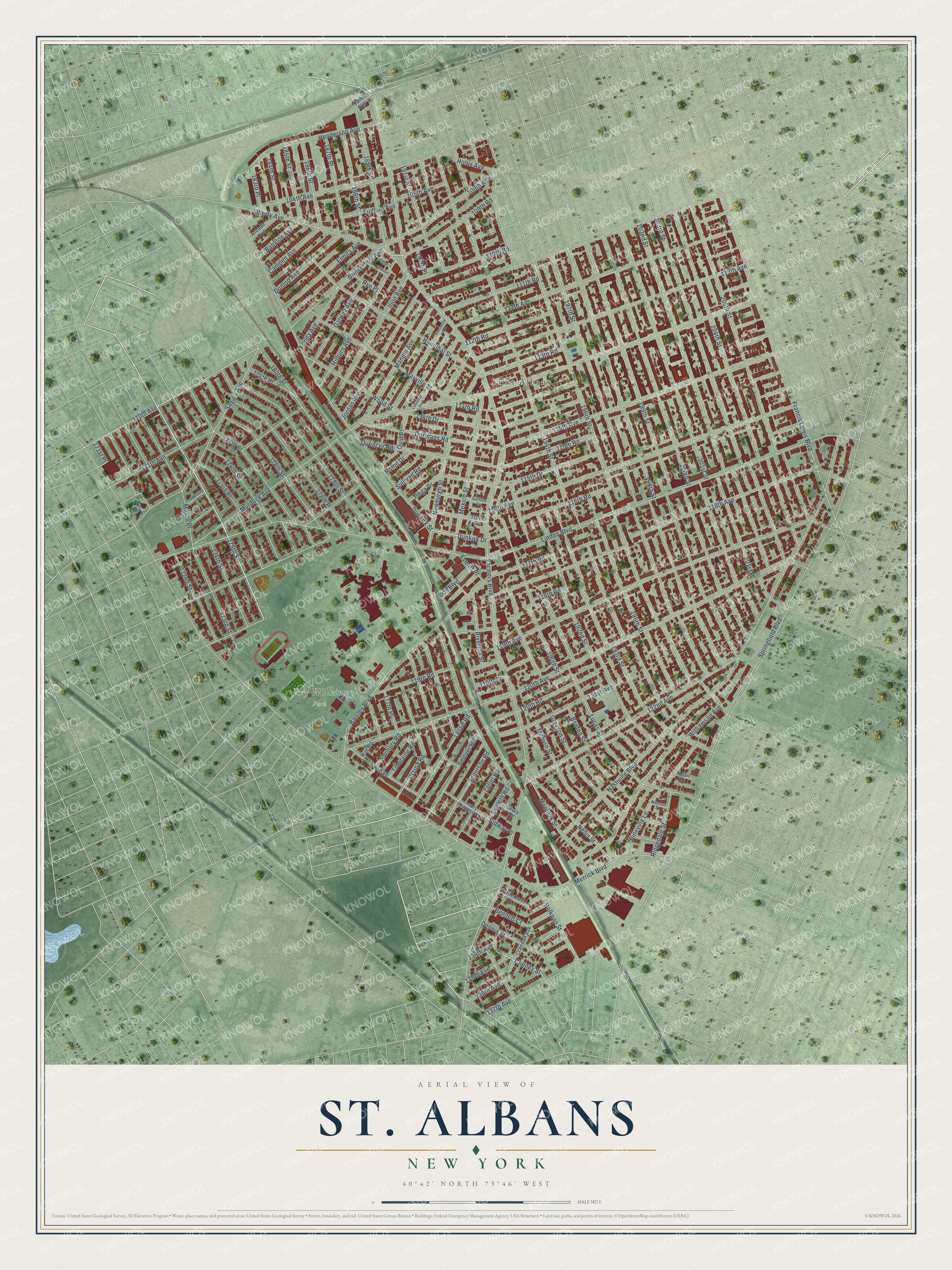 Full map of St. Albans, New York, with red buildings, printed street names and the land around them