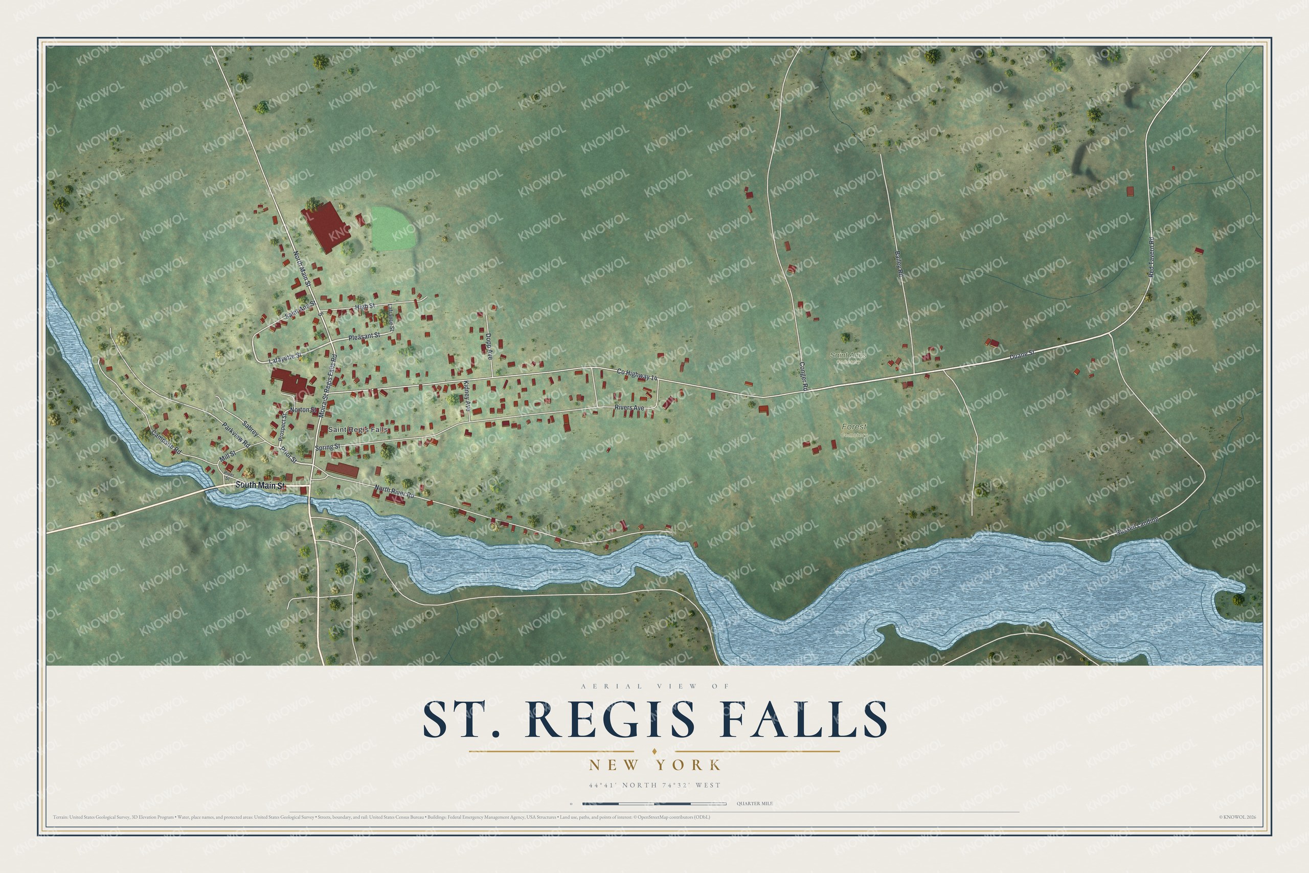 Full map of St. Regis Falls, New York, with red buildings, printed street names and the land around them